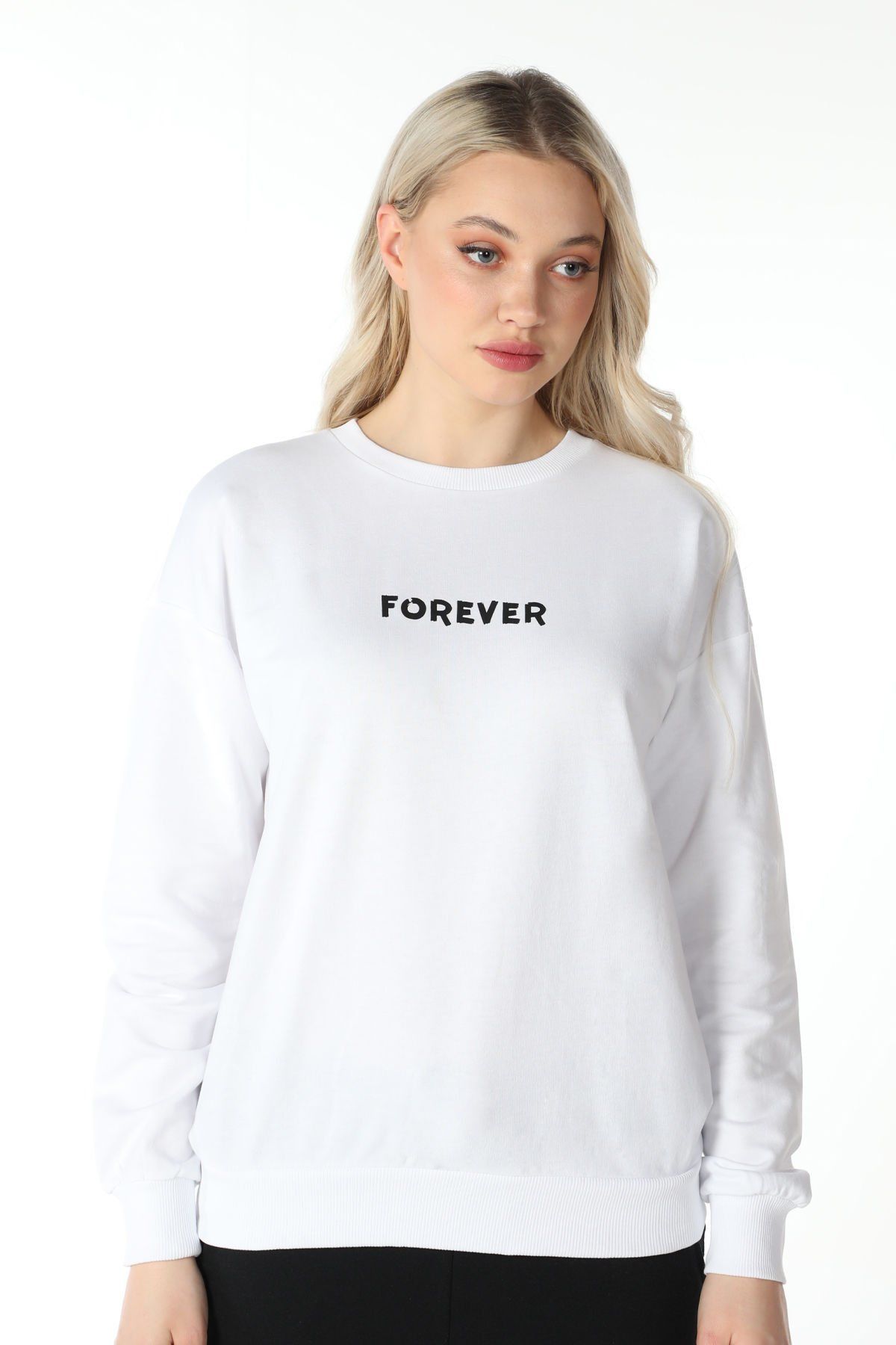 Kadın Bisiklet Yaka Regular Fit Baskılı Sweatshirt - Beyaz