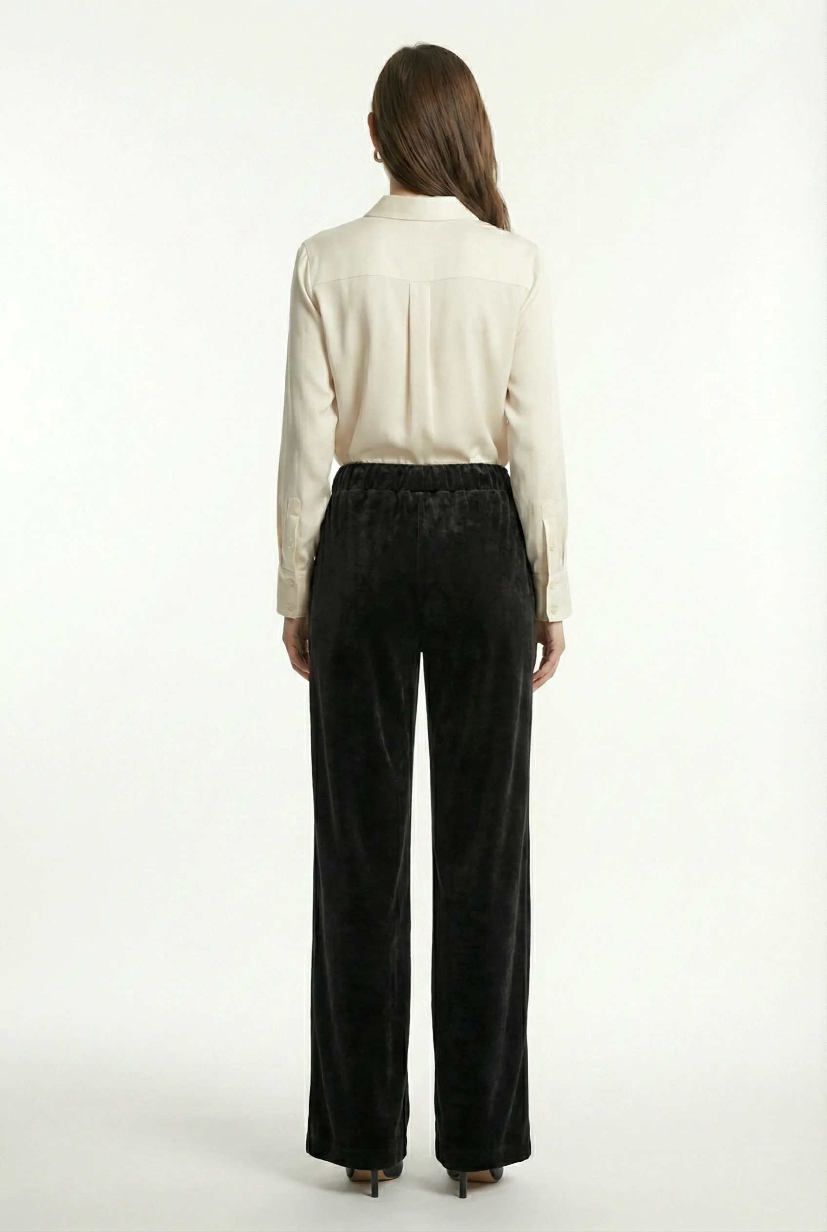 Kadın Bol Paça Cepli Kadife Oversize Fit Pantolon - Siyah