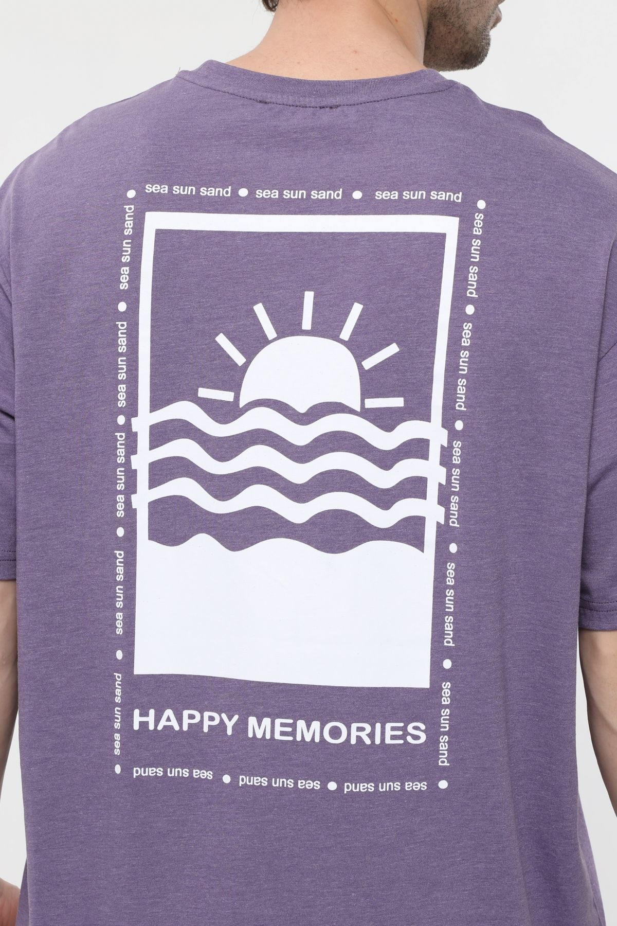 Erkek Bisiklet Yaka Kısa Kollu Oversize Fit Baskılı Tişört - Robin - Mor