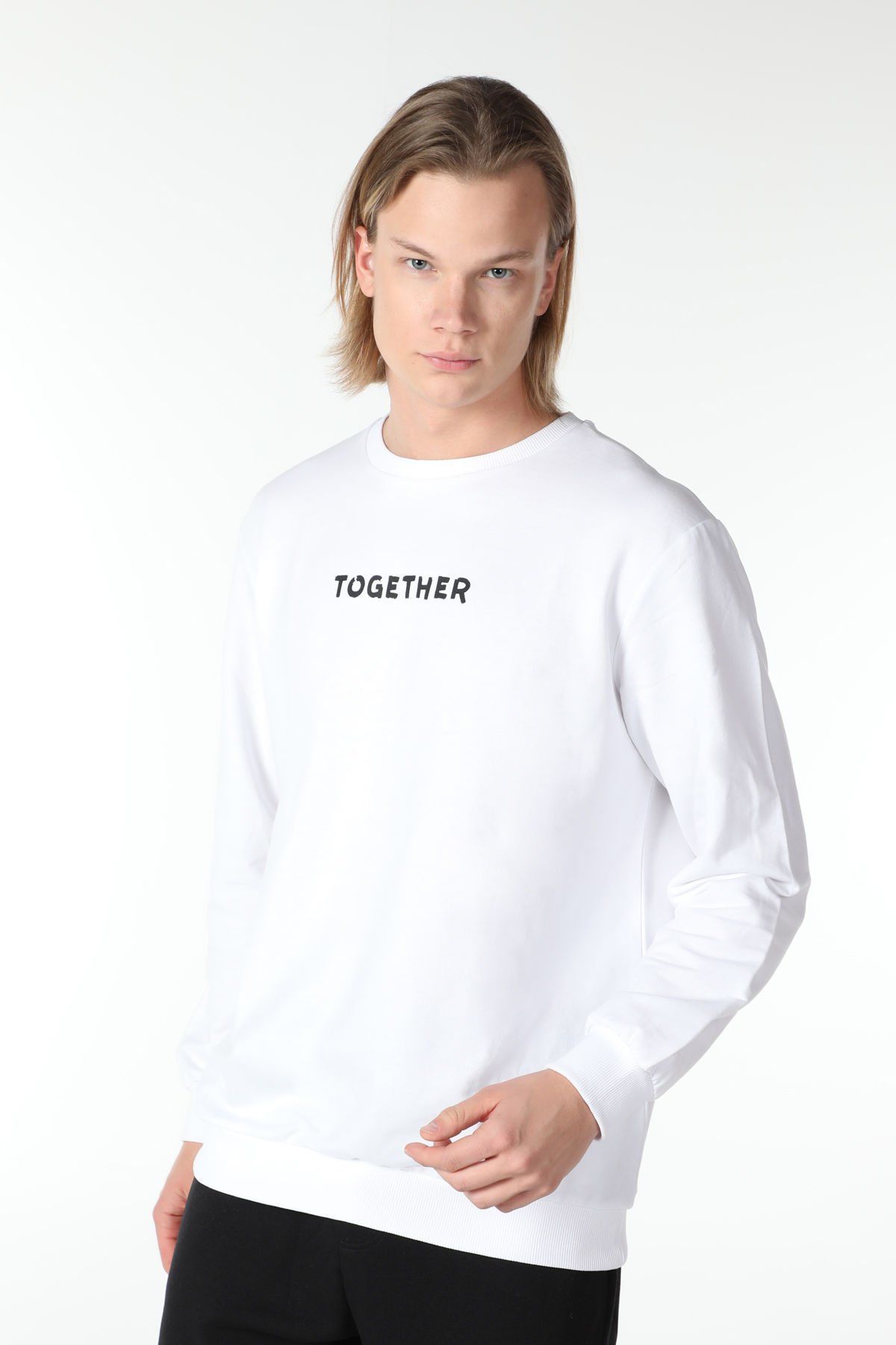 Erkek Bisiklet Yaka Regular Fit Baskılı Sweatshirt Beyaz - Beyaz