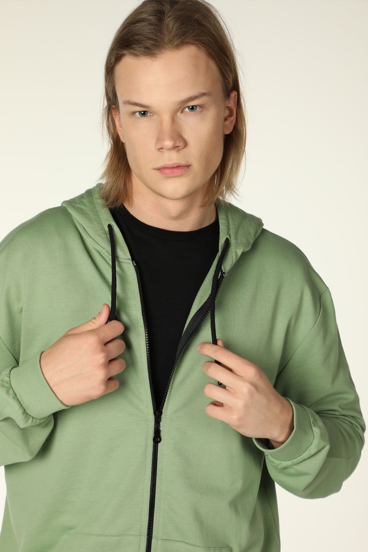 Erkek Kapüşonlu Fermuarlı Oversize Sweatshirt - Haki