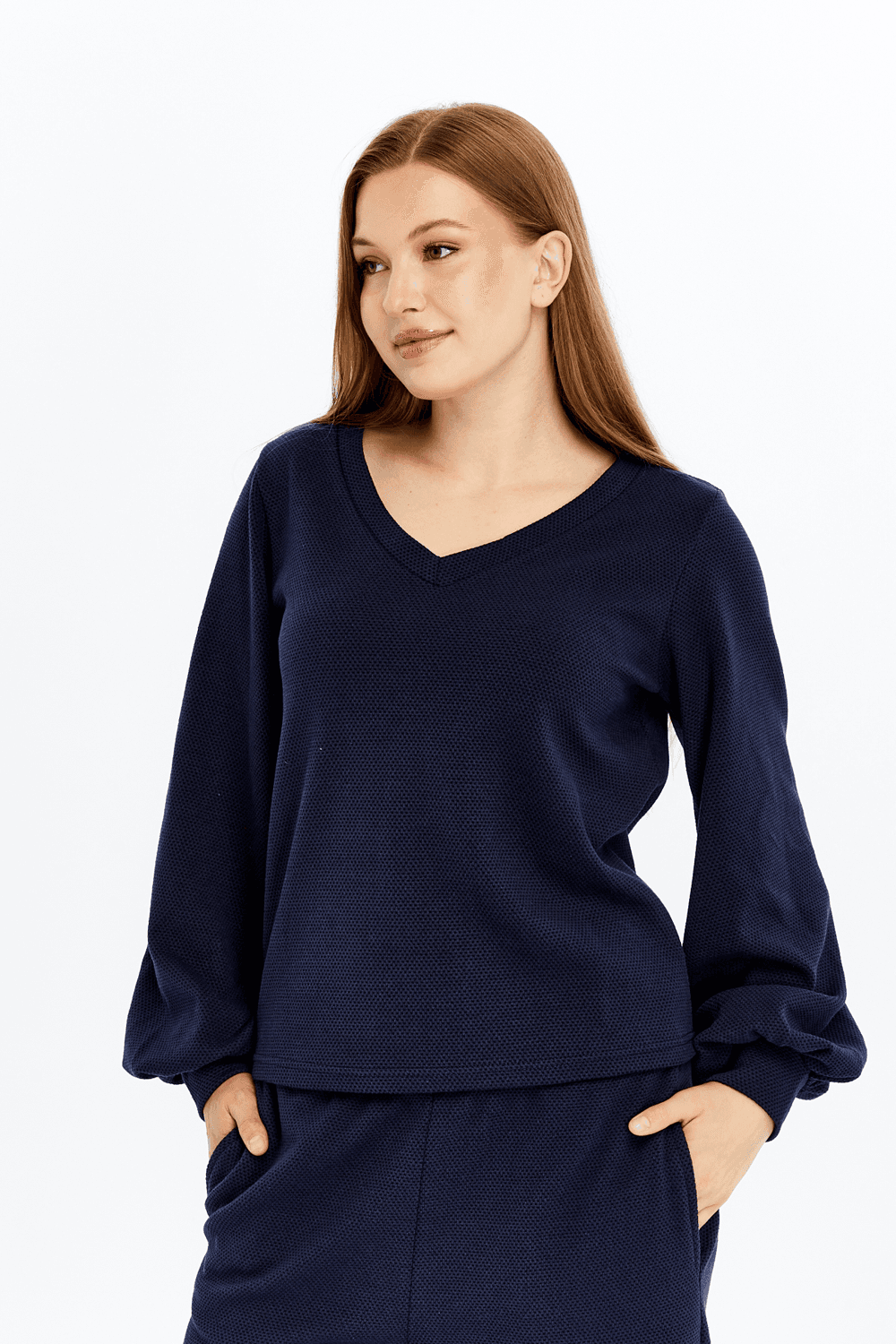 Kadın V Yaka Balon Kol Regular Fit Basic Bluz - LACİVERT