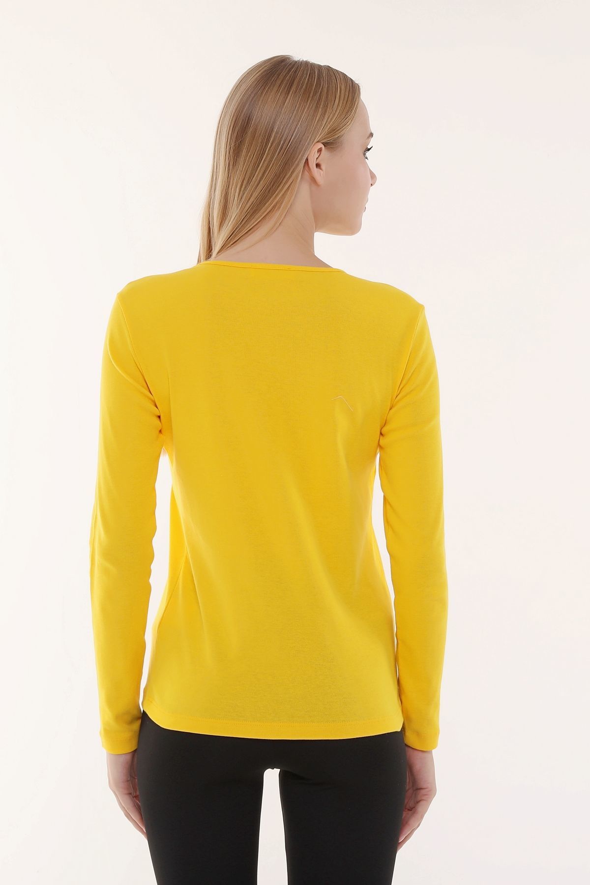 Kadın Bisiklet Yaka Uzun Kollu Regular Fit Basic Tişört - Sarı