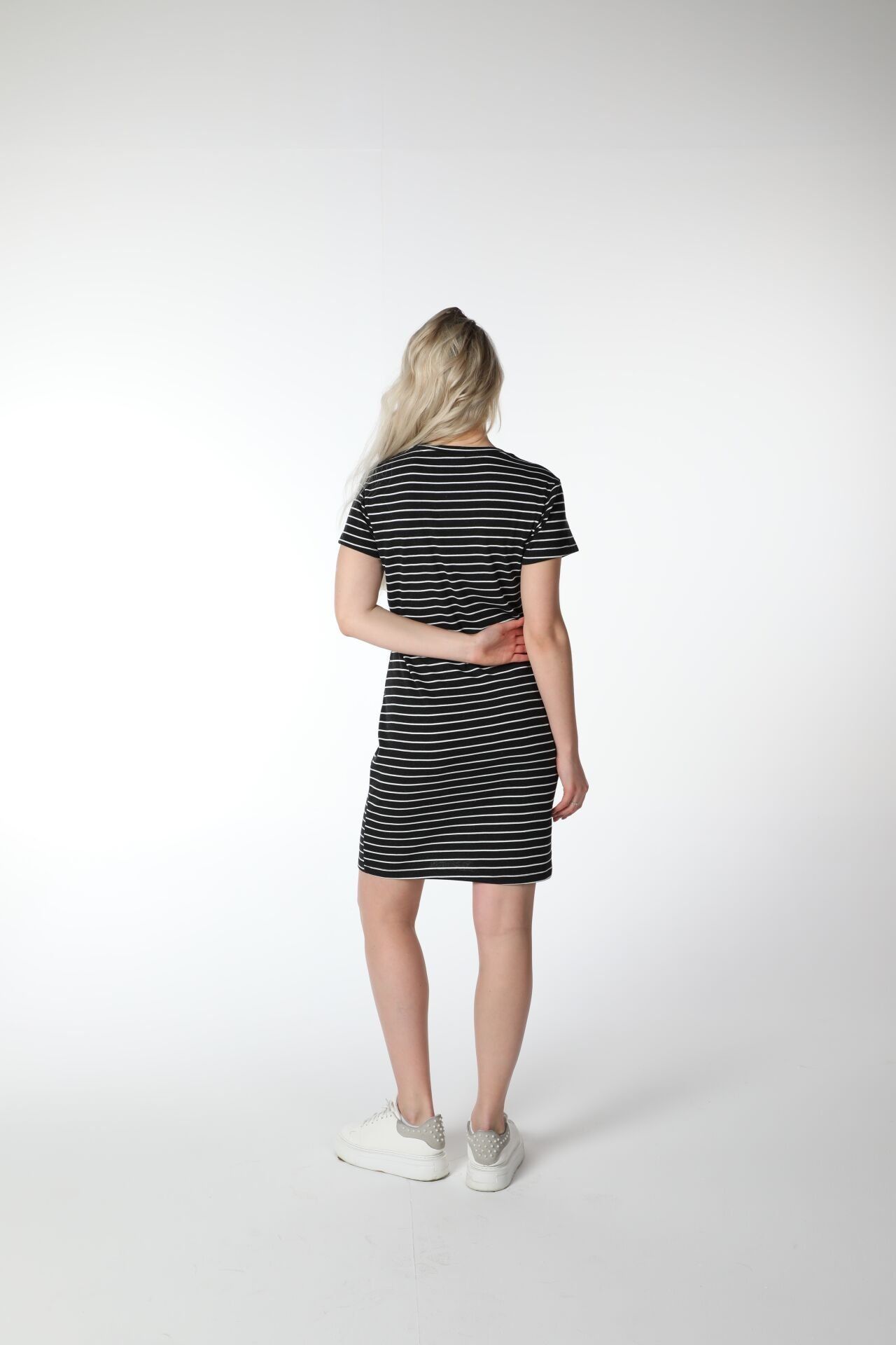 Kadın Regular Fit Çizgili Kısa Kollu Elbise - Antrasit