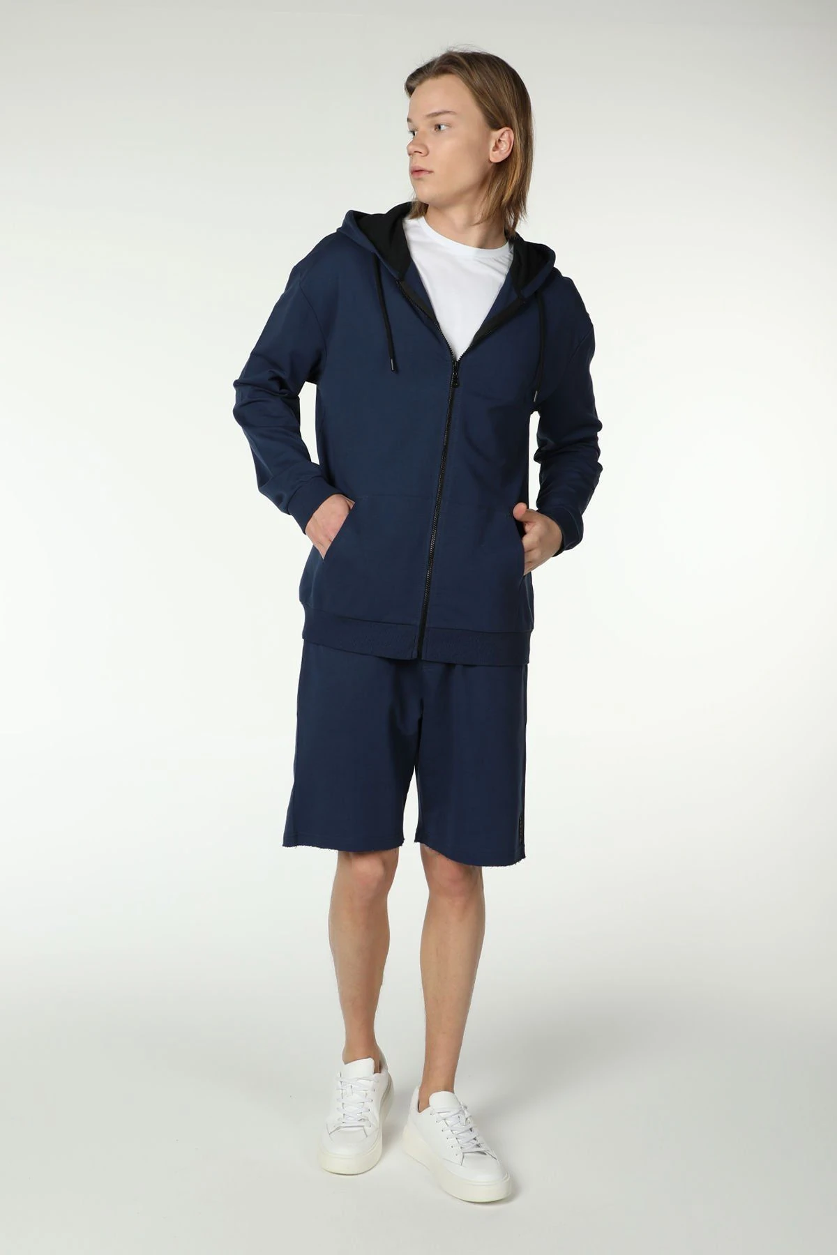 Erkek Kapüşonlu Fermuarlı Oversize Sweatshirt - İndigo