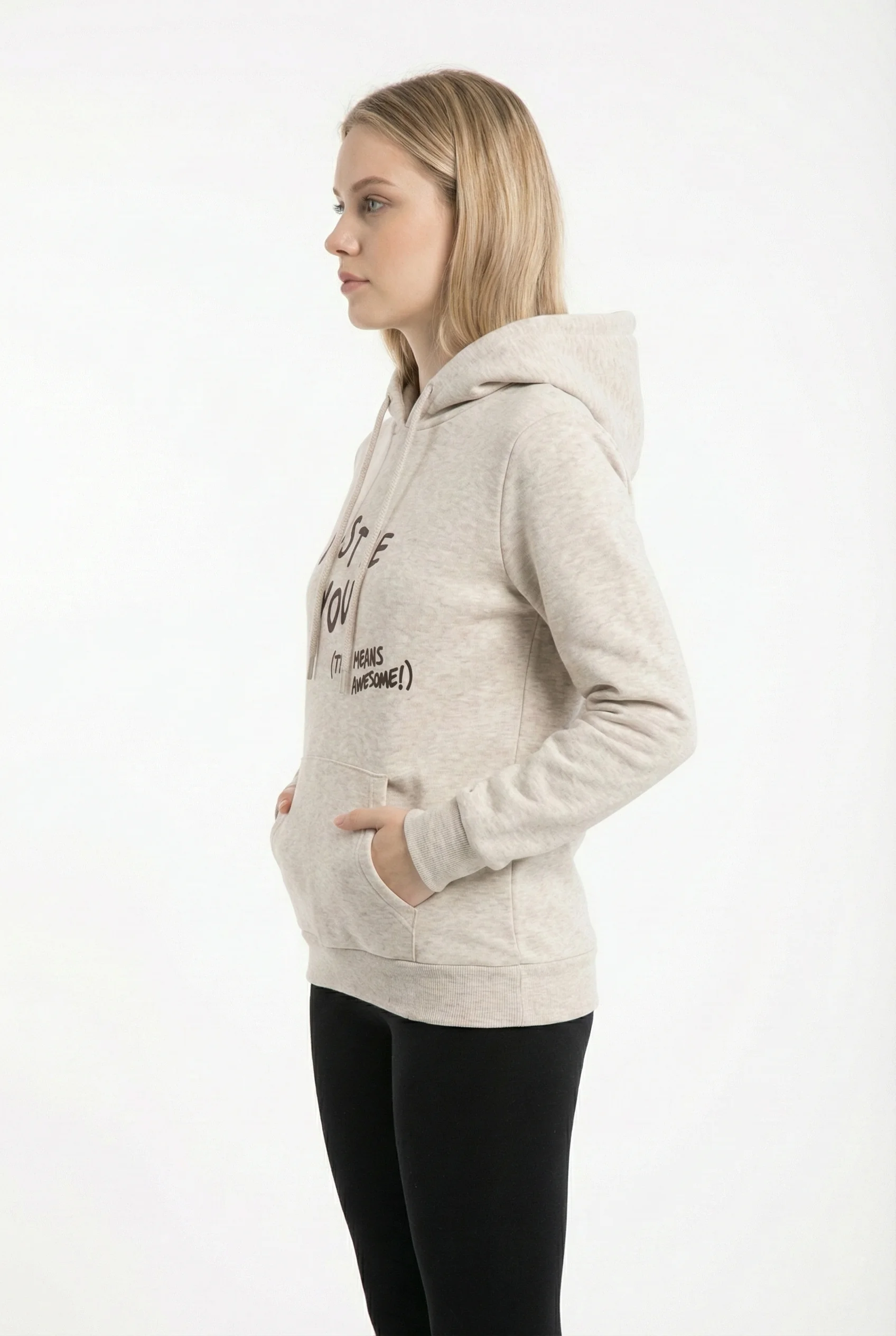 Kadın Kapüşonlu Regular Fit Şardonlu Baskılı Sweatshirt - Ekru