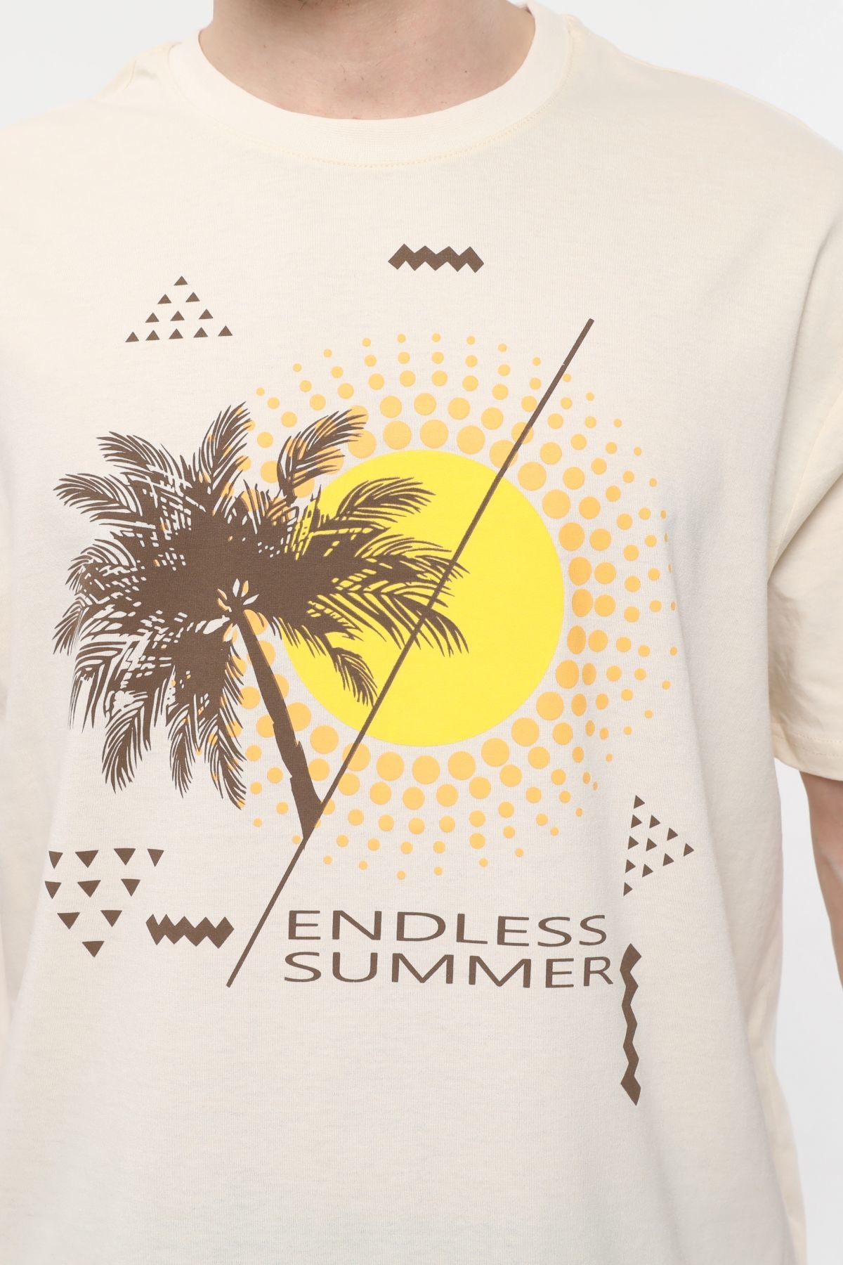 Erkek Bisiklet Yaka Kısa Kollu Oversize Fit Baskılı Tişört - Rio - Bej Melanj