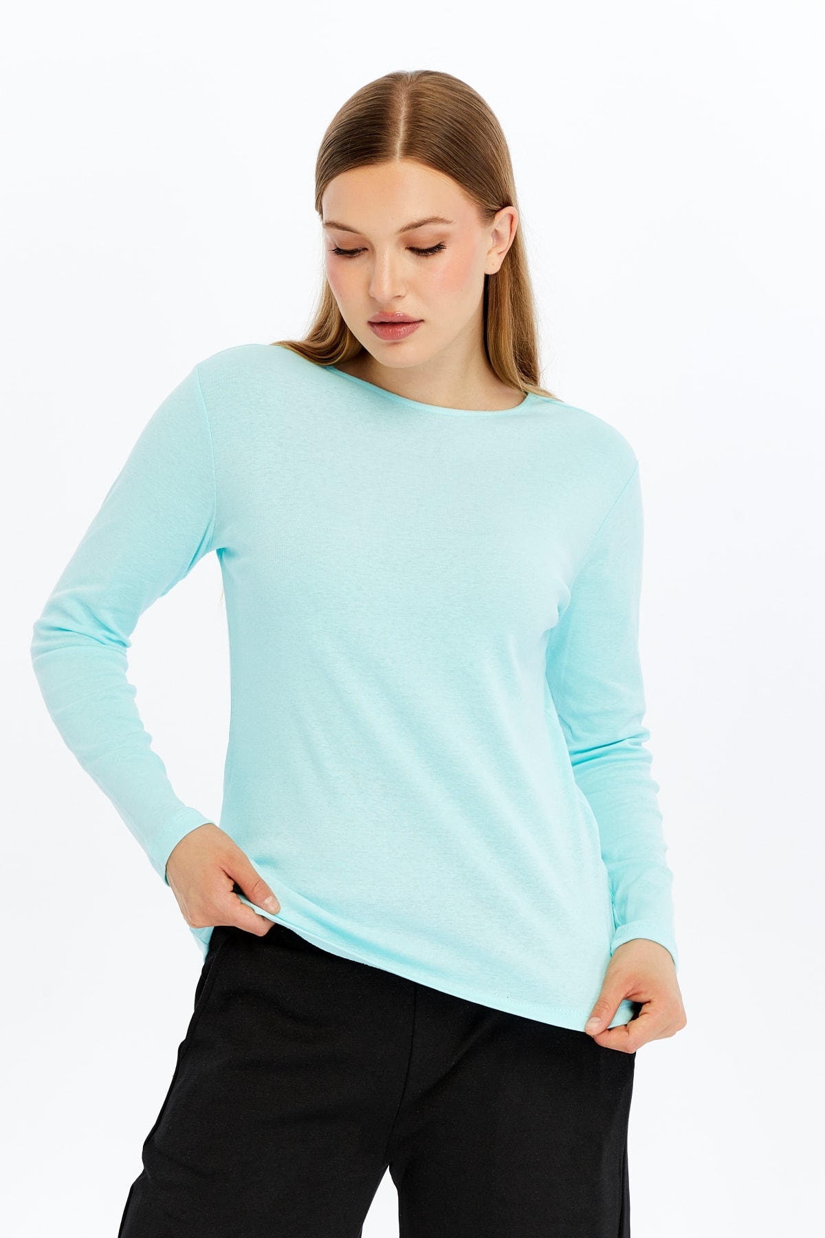 Kadın Bisiklet Yaka Uzun Kollu Regular Fit Basic Tişört - Turkuaz