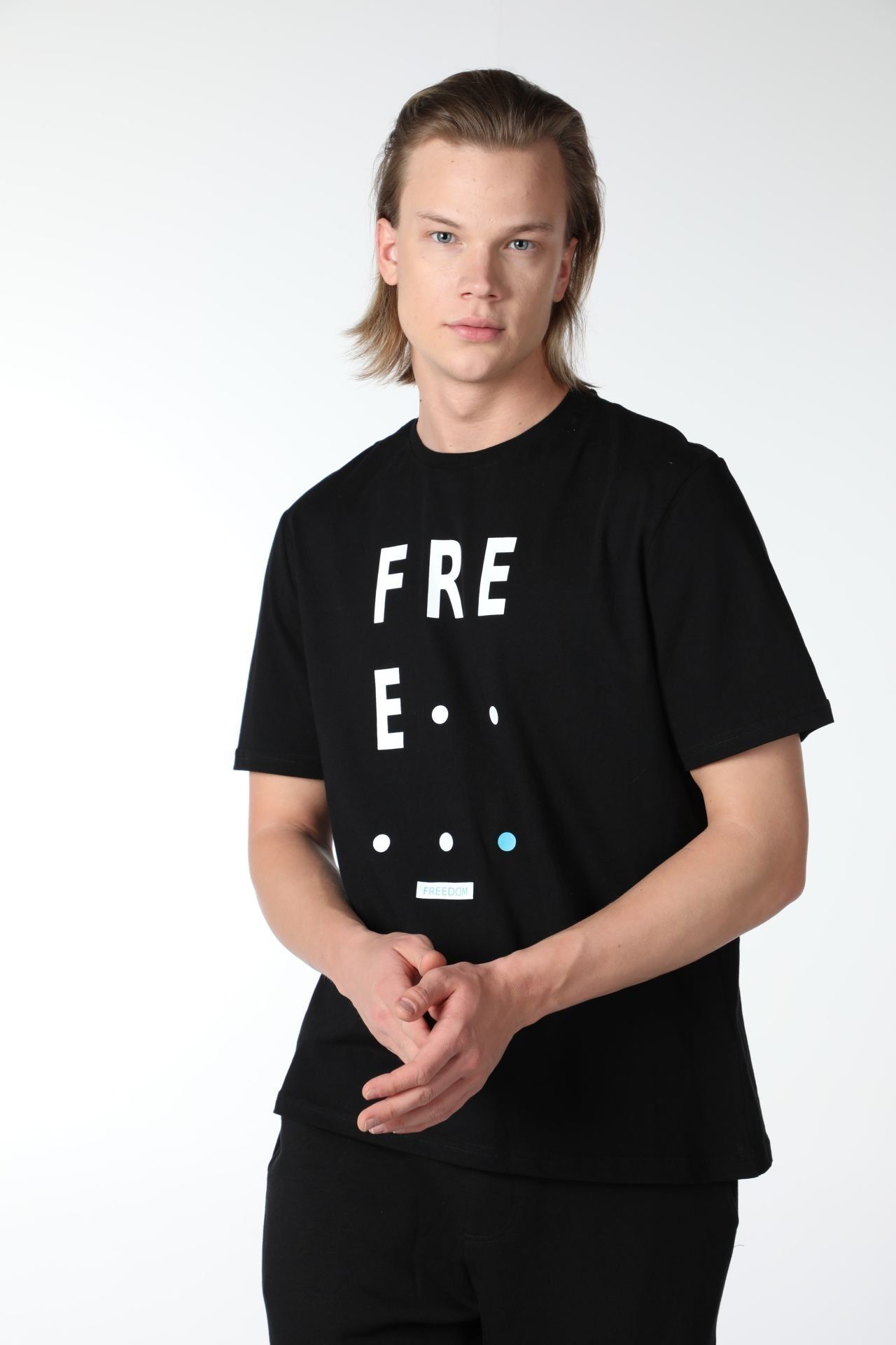 Erkek Bisiklet Yaka Kısa Kollu Regular Fit Baskılı Tişört - Siyah