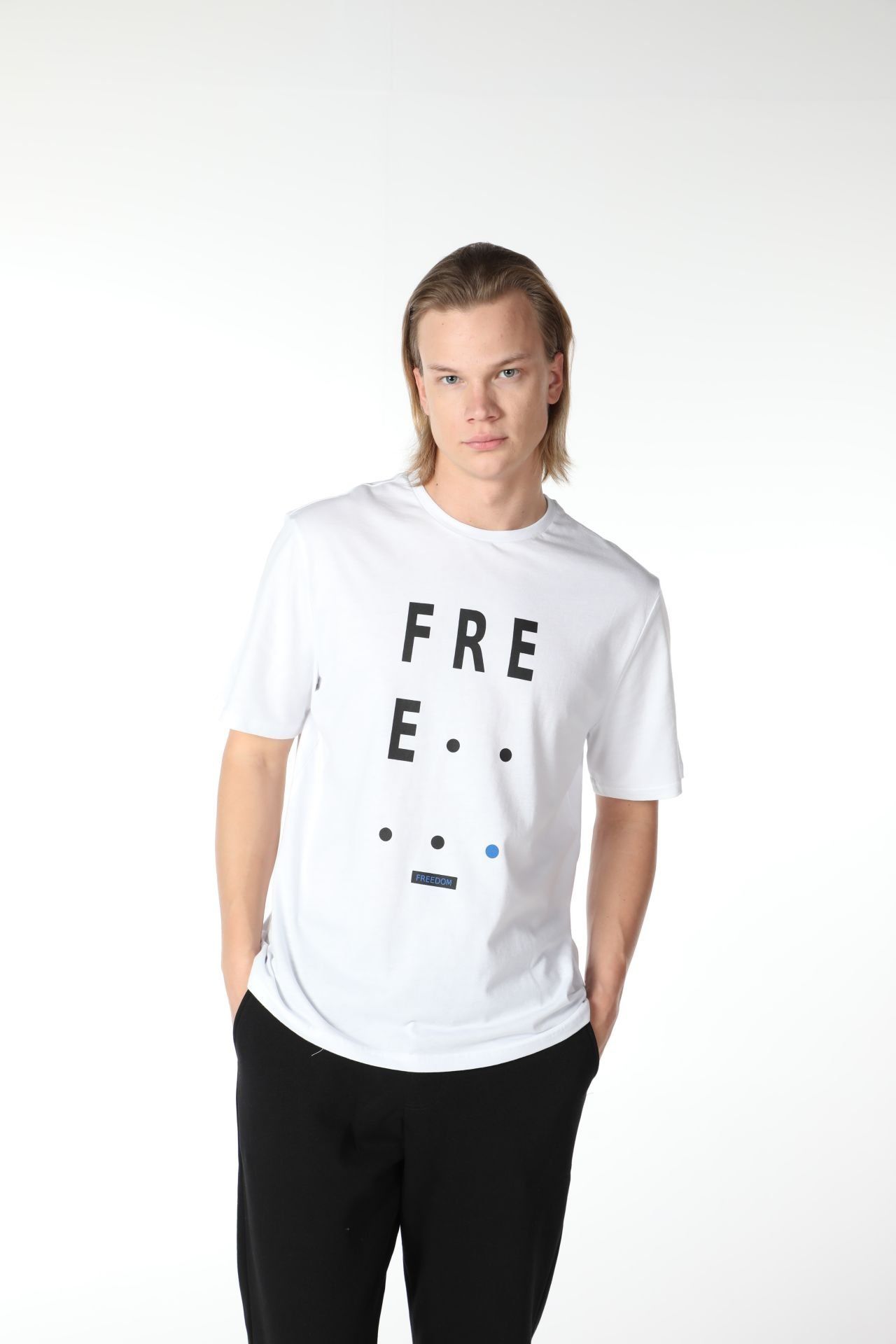 Erkek Bisiklet Yaka Kısa Kollu Regular Fit Baskılı Tişört - Beyaz