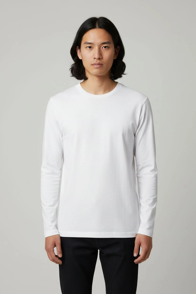 Erkek Uzun Kollu Bisiklet Yaka Basic Tişört - Beyaz