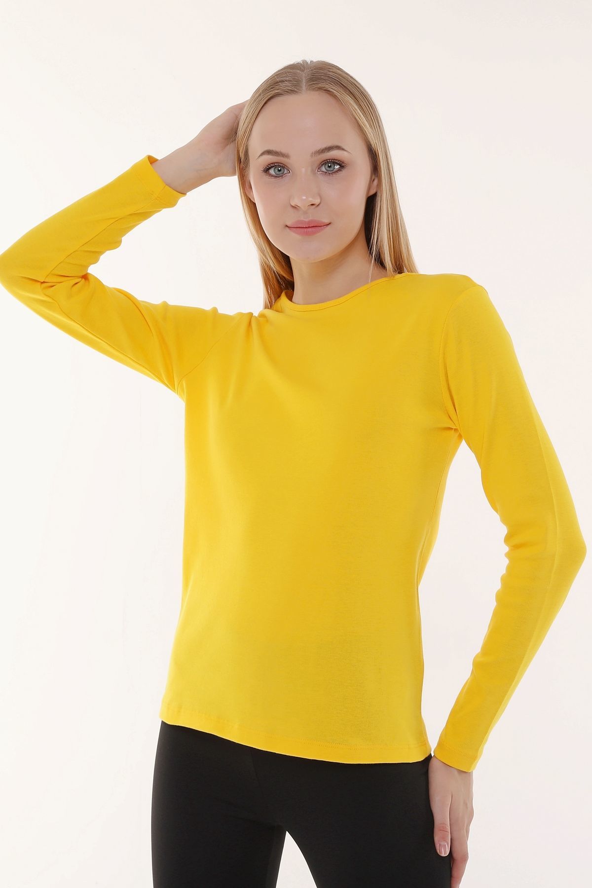 Kadın Bisiklet Yaka Uzun Kollu Regular Fit Basic Tişört - Sarı