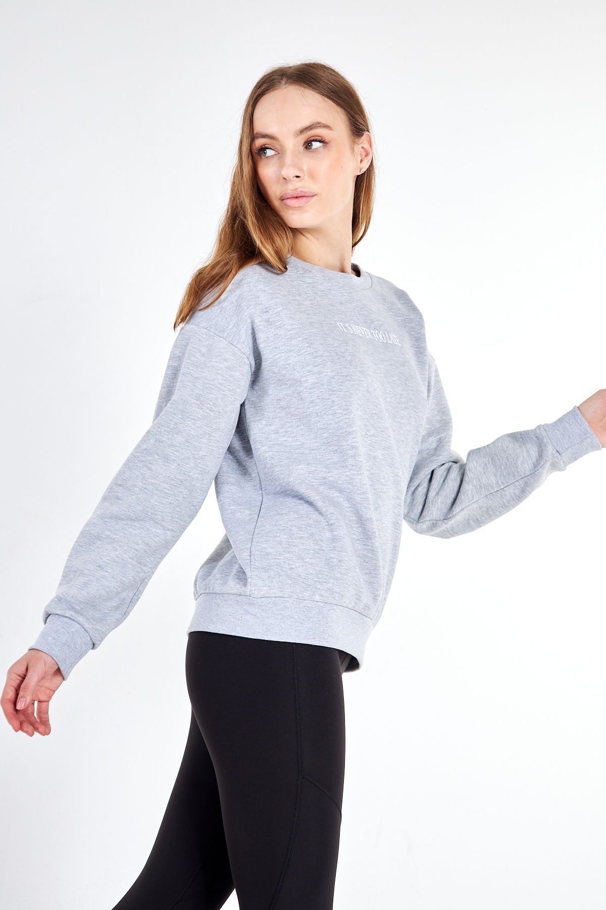 Kadın Bisiklet Yaka Regular Fit Baskılı Sweatshirt - Gri Melanj