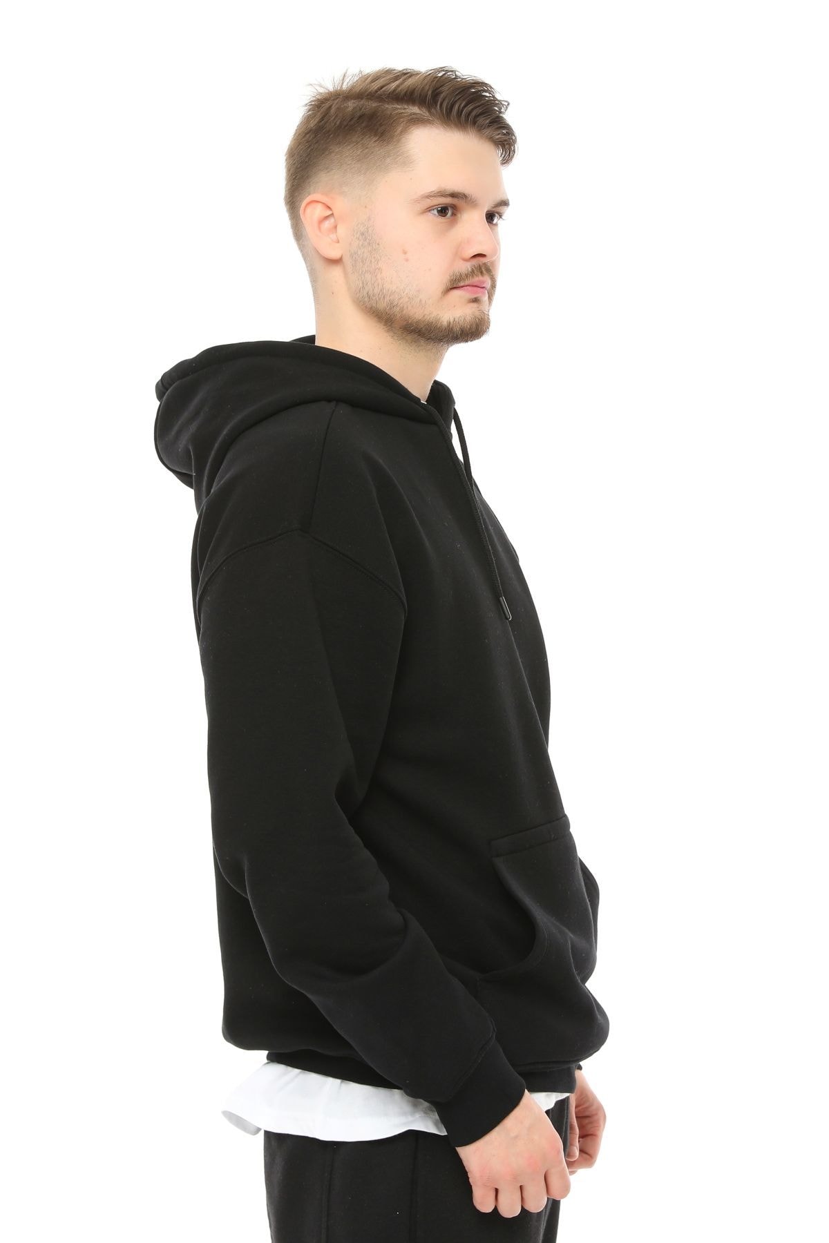 Erkek Kapüşonlu Şardonlu Oversize Basic Sweatshirt - SİYAH