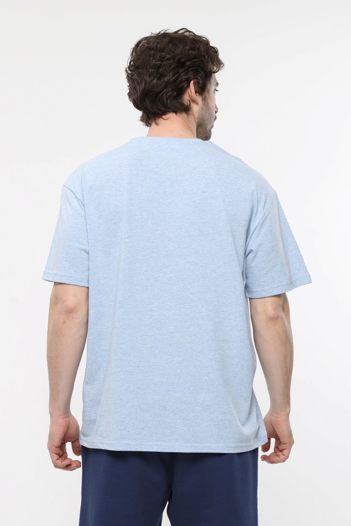 Erkek Bisiklet Yaka Kısa Kollu Oversize Fit Baskılı Tişört - Rio - Mavi Melanj