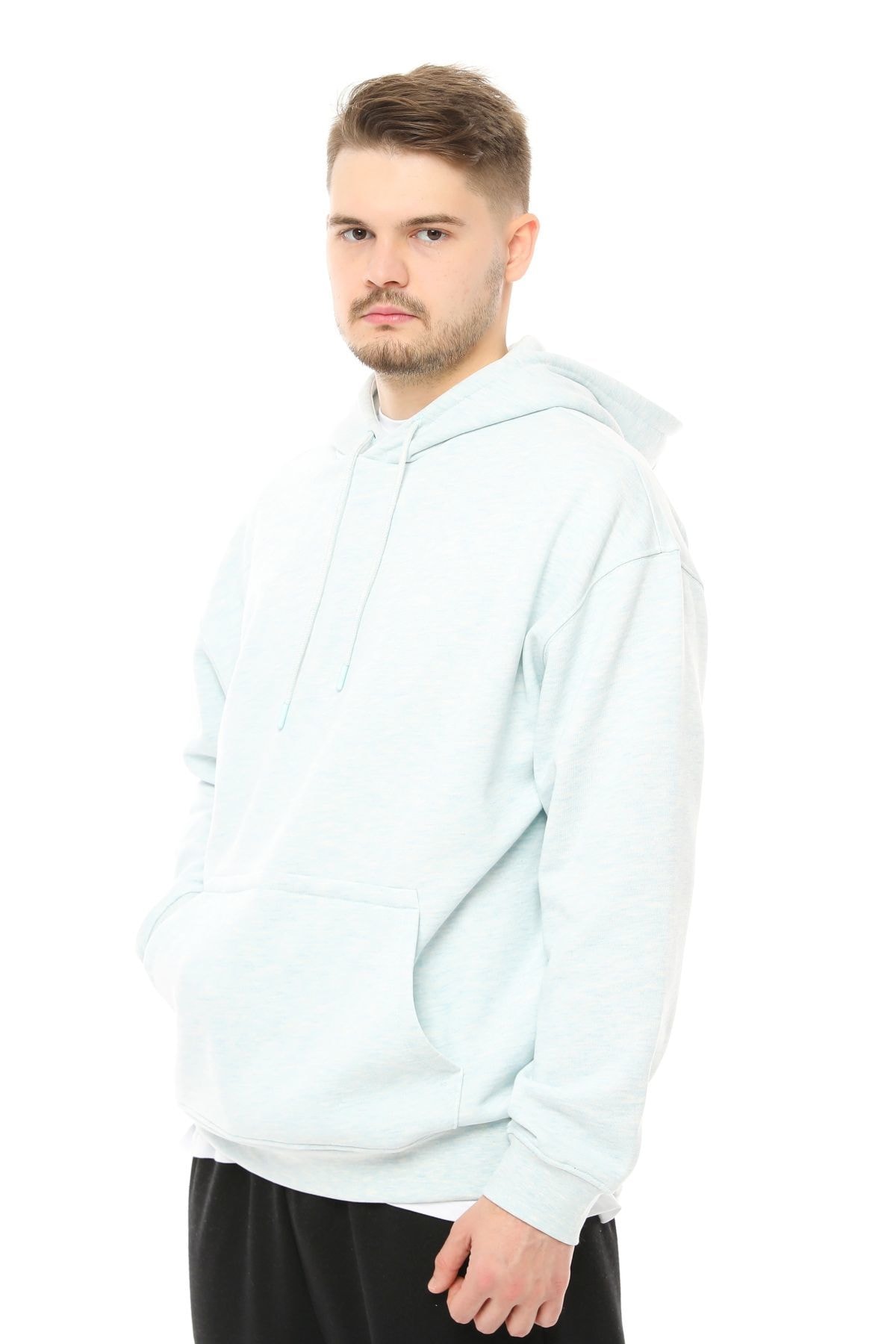 Erkek Kapüşonlu Şardonlu Oversize Basic Sweatshirt - MAVİ MELANJ