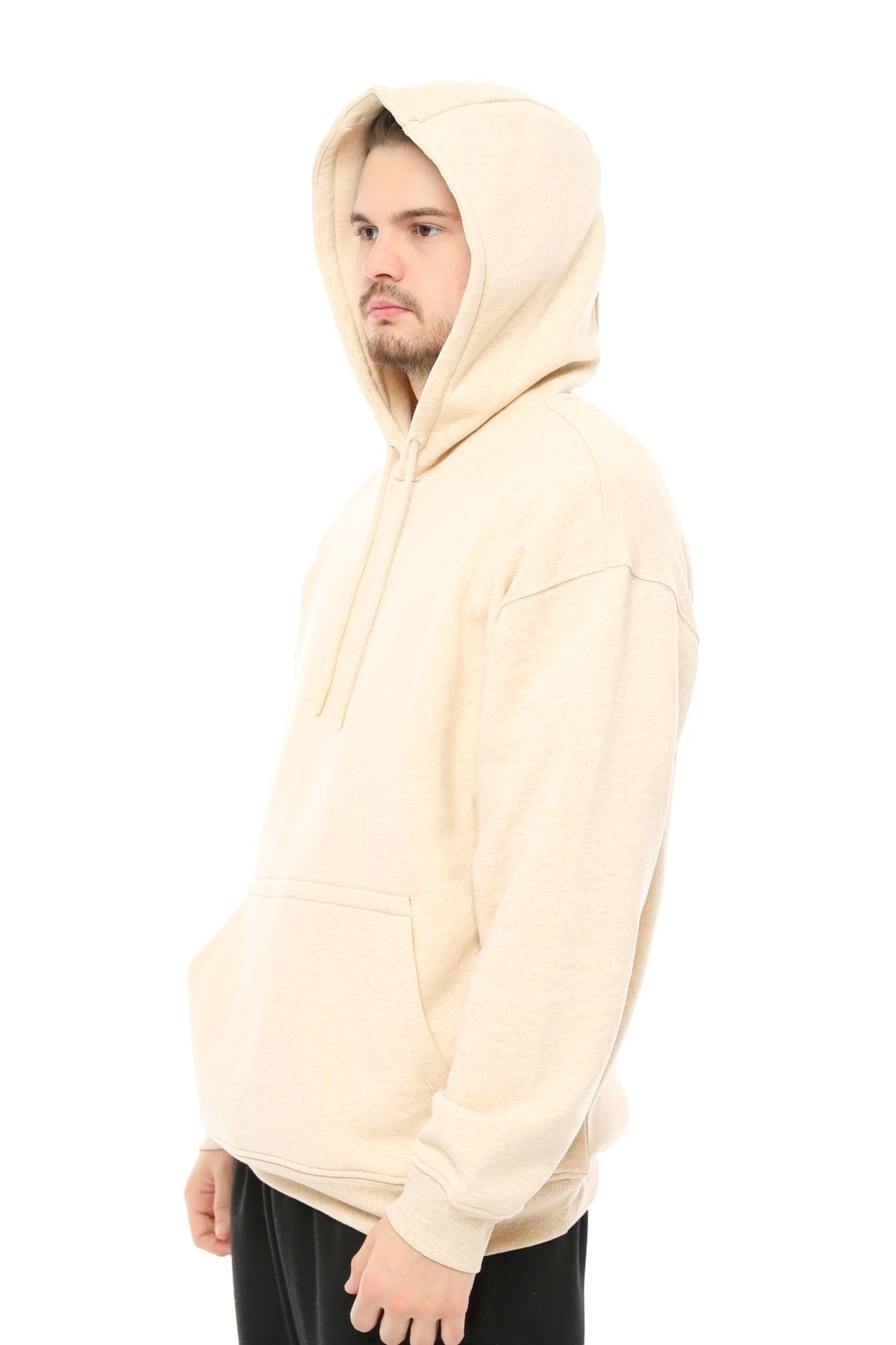 Erkek Kapüşonlu Şardonlu Oversize Basic Sweatshirt - BEJ MELANJ