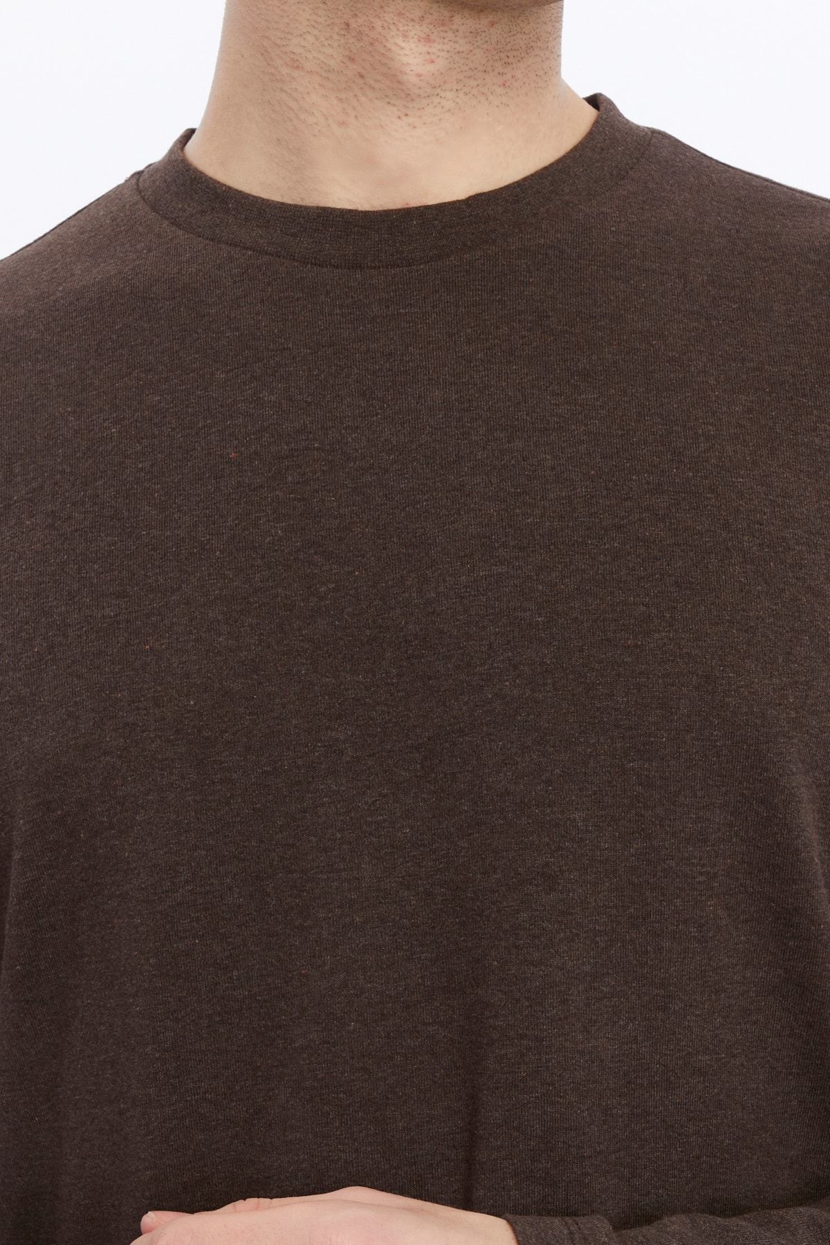 Erkek Bisiklet Yaka Uzun Kollu Regular Fit Basic Tişört - Kahve