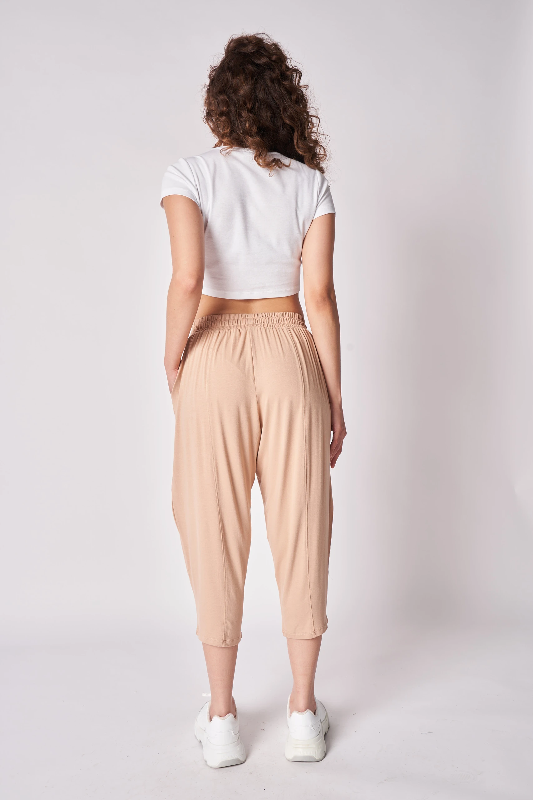 Kadın Beli Lastikli Regular Fit Dikiş Detaylı Şalvar Pantolon - Vizon