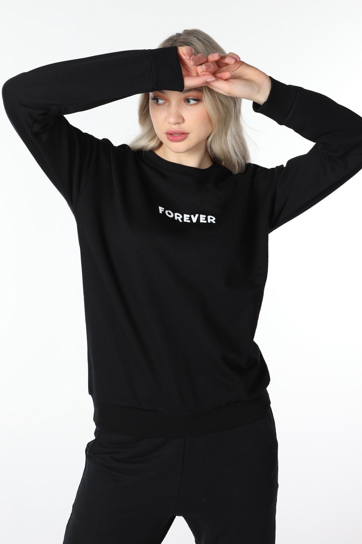 Kadın Bisiklet Yaka Regular Fit Baskılı Sweatshirt - Siyah