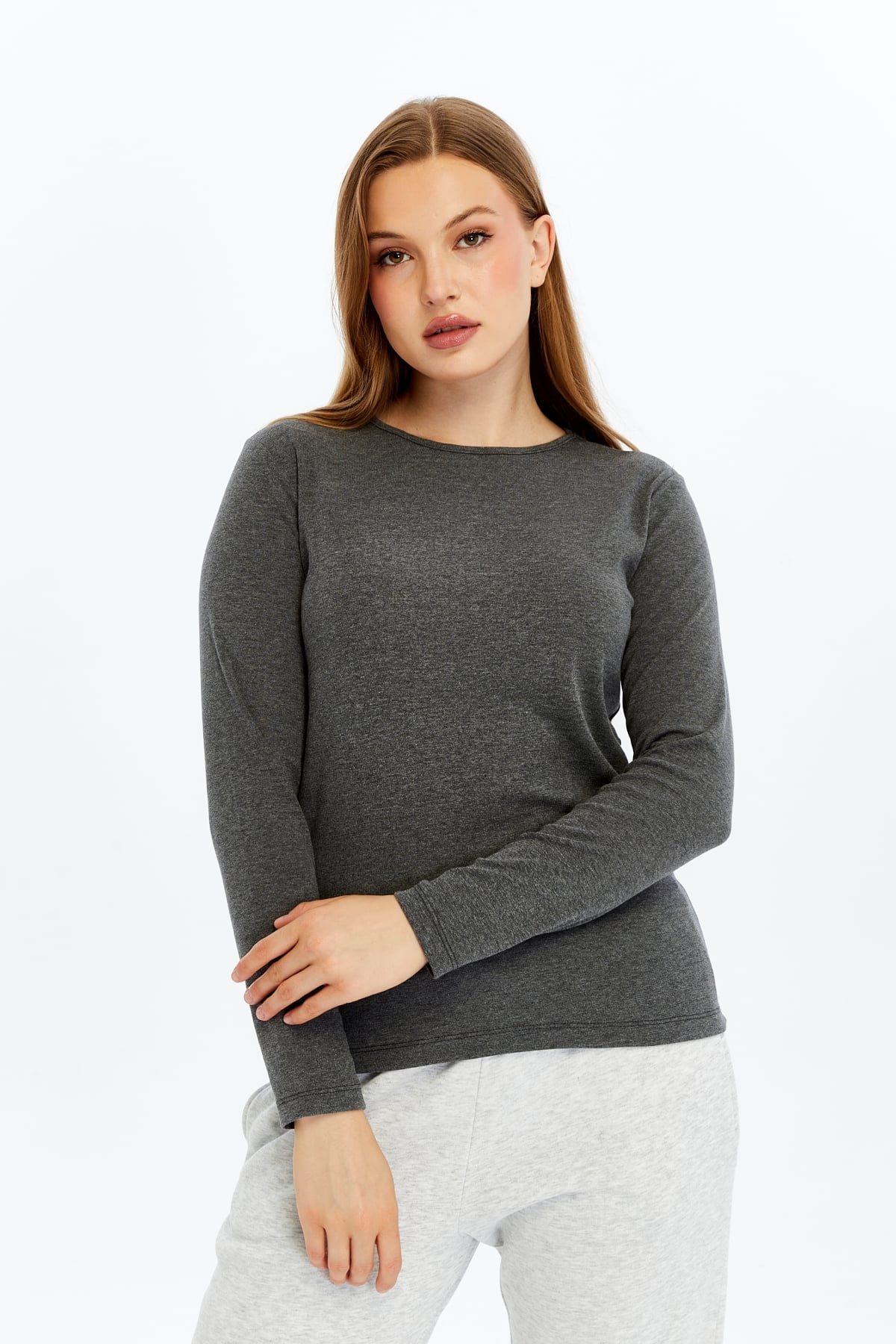 Kadın Bisiklet Yaka Uzun Kollu Regular Fit Basic Tişört - ANTRASİT