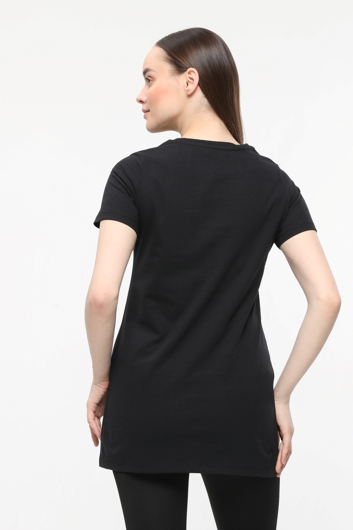 Kadın 3'lü Basic Regular Fit V Yaka Arkası Uzun Tişört Seti - SIYAH