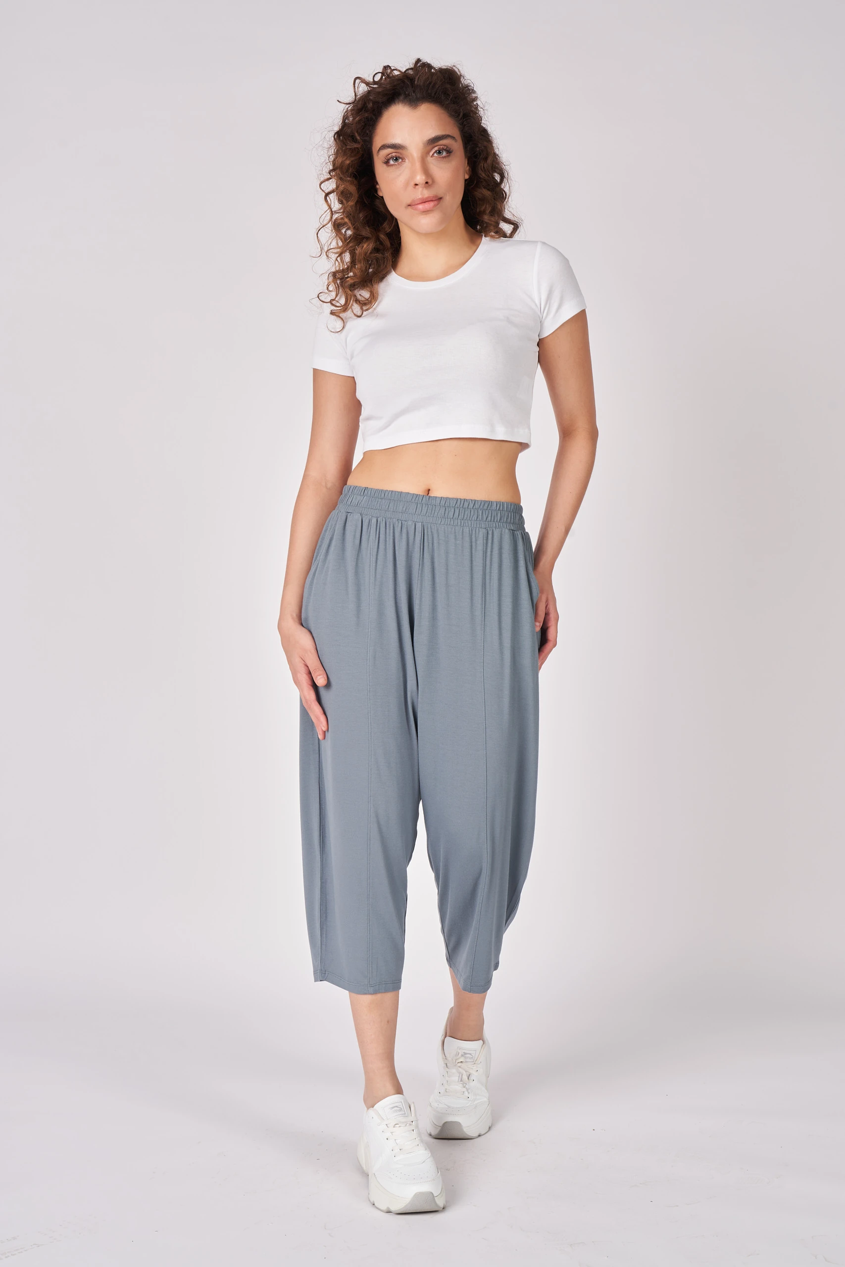 Kadın Beli Lastikli Regular Fit Dikiş Detaylı Şalvar Pantolon - Bazalt Gri