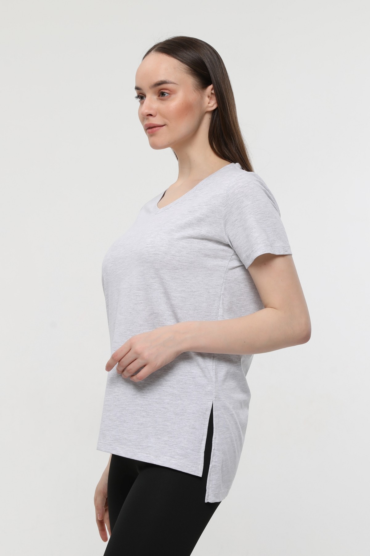Kadın 3'lü Basic Regular Fit V Yaka Arkası Uzun Tişört Seti - Gri
