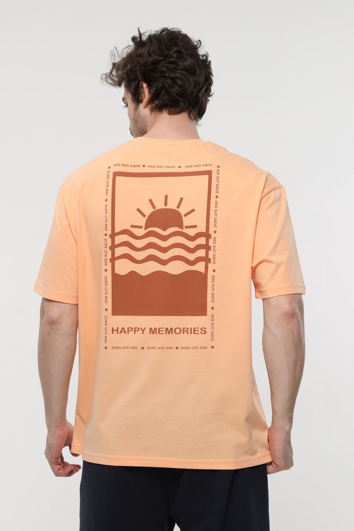 Erkek Bisiklet Yaka Kısa Kollu Oversize Fit Baskılı Tişört - Robin - Somon