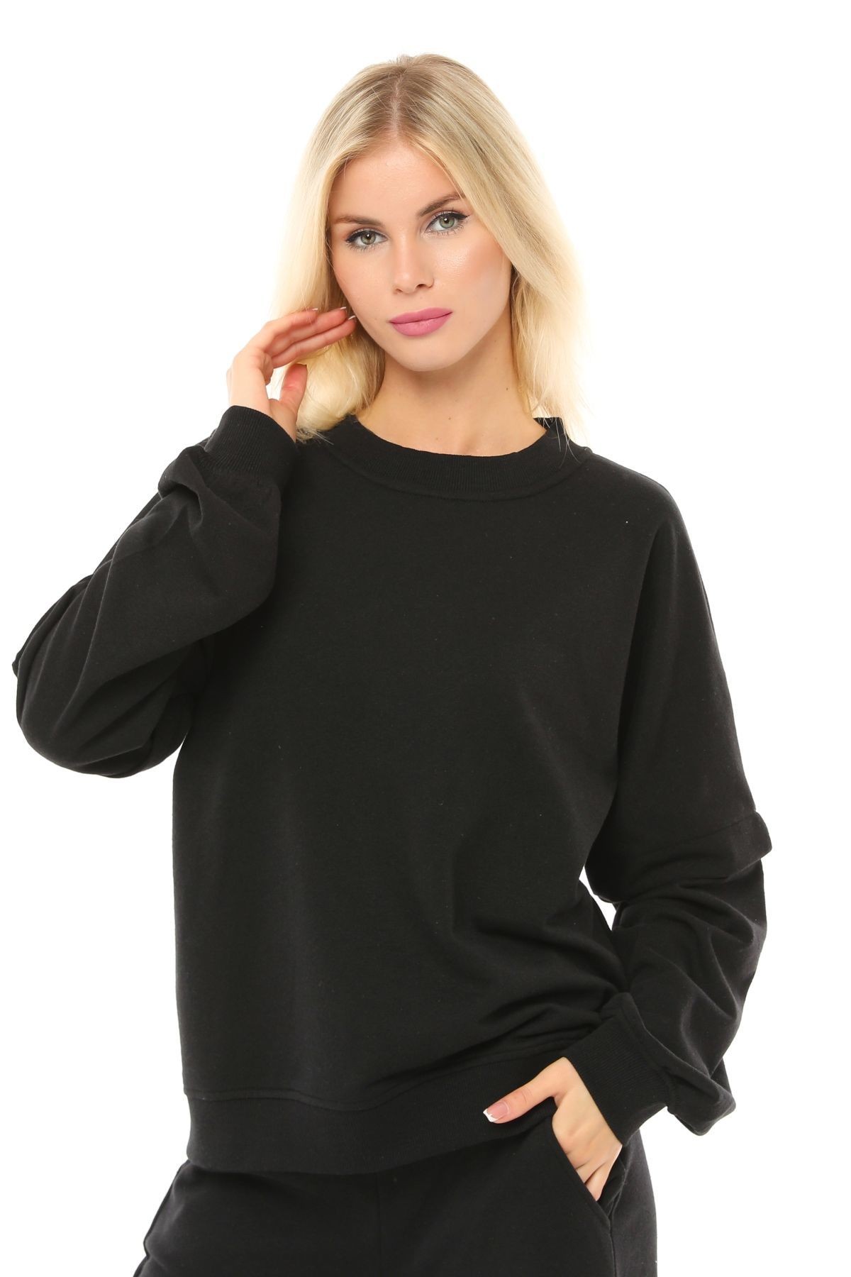 Kadın Oversize Sweat Kol Detaylı - SİYAH