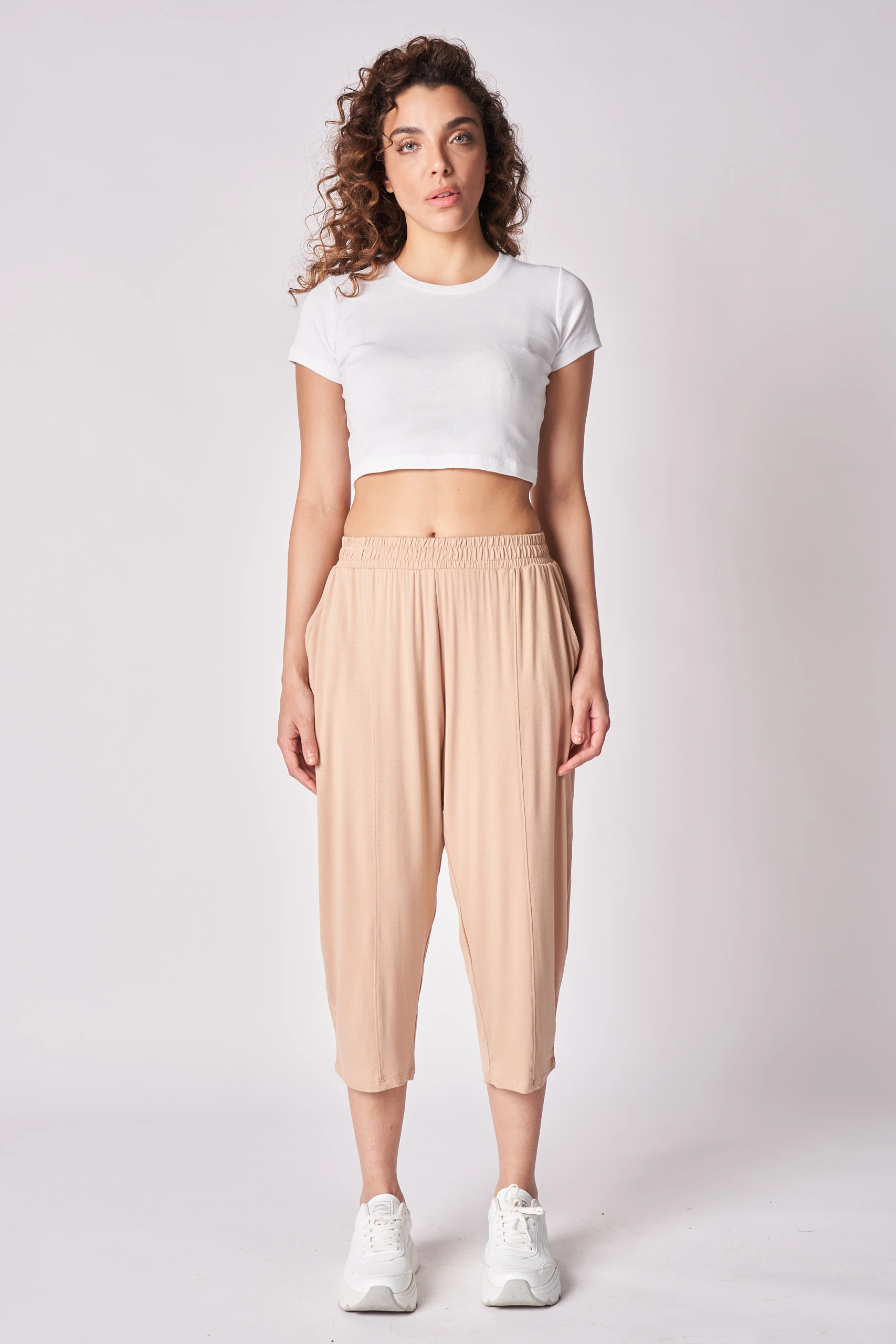 Kadın Beli Lastikli Regular Fit Dikiş Detaylı Şalvar Pantolon - Vizon