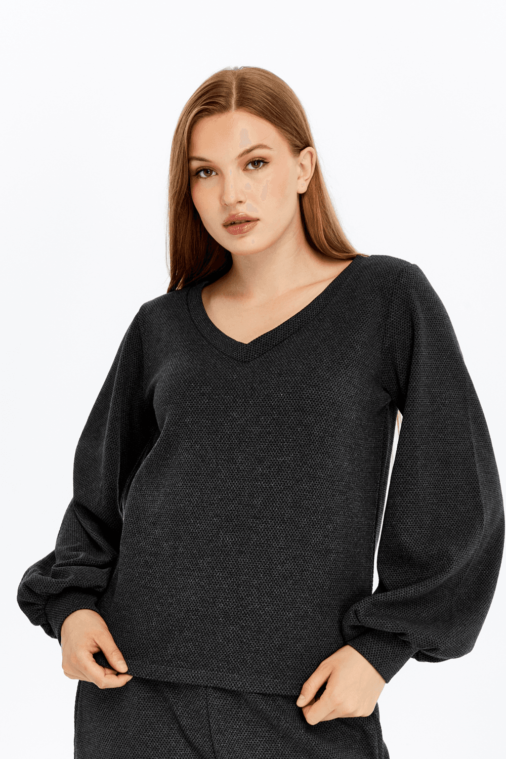 Kadın V Yaka Balon Kol Regular Fit Basic Bluz - Antrasit