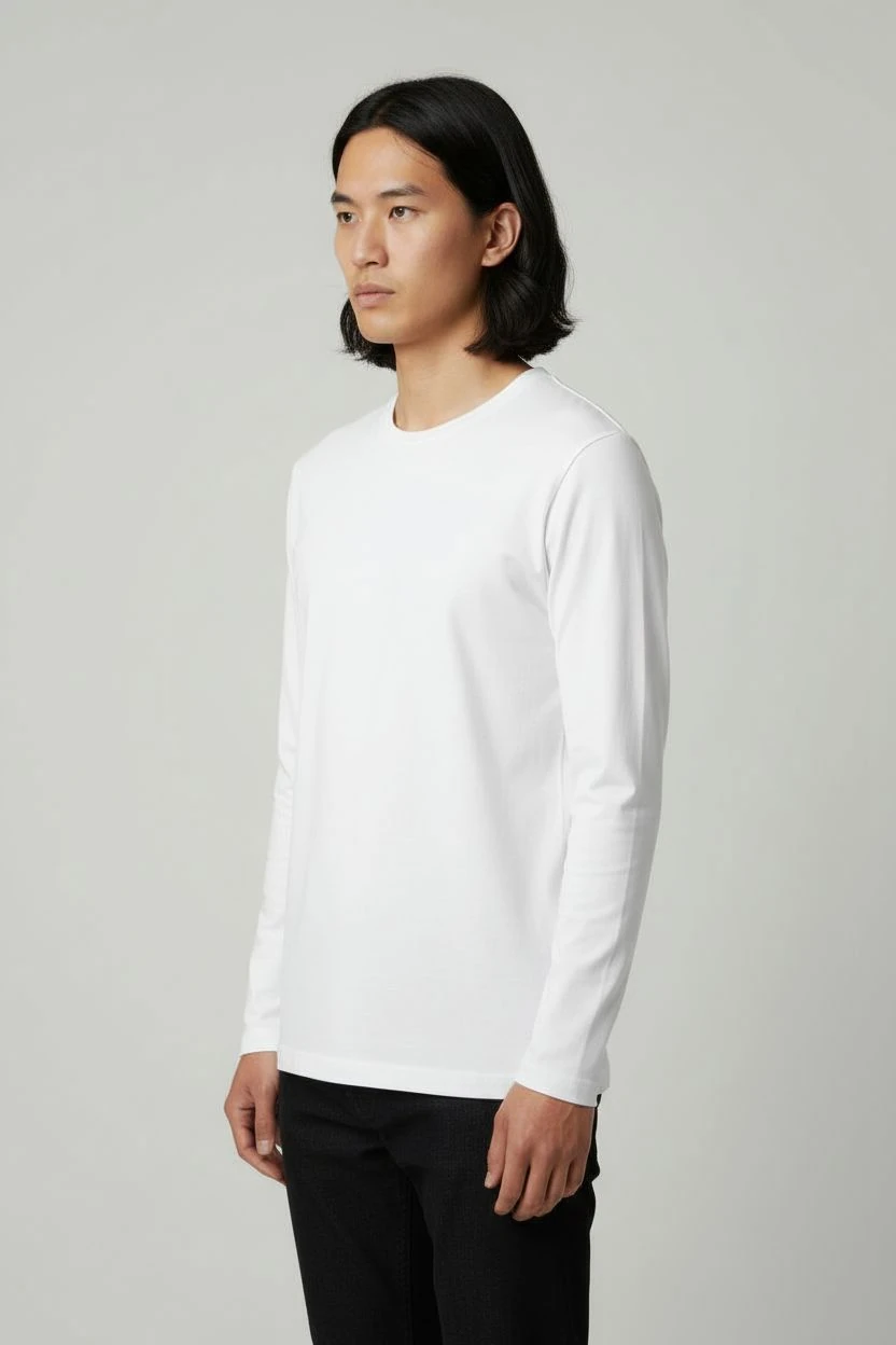 Erkek Uzun Kollu Bisiklet Yaka Basic Tişört - Beyaz