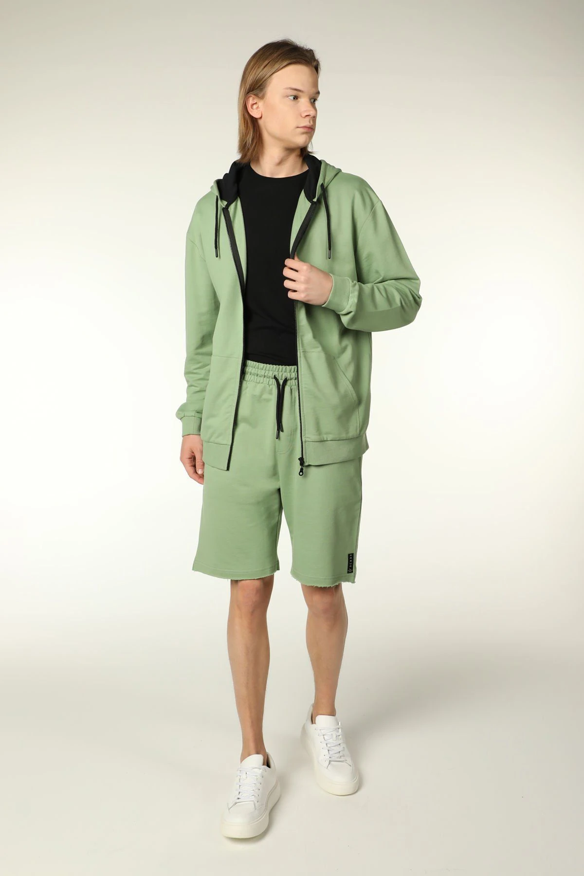 Erkek Kapüşonlu Fermuarlı Oversize Sweatshirt - Haki