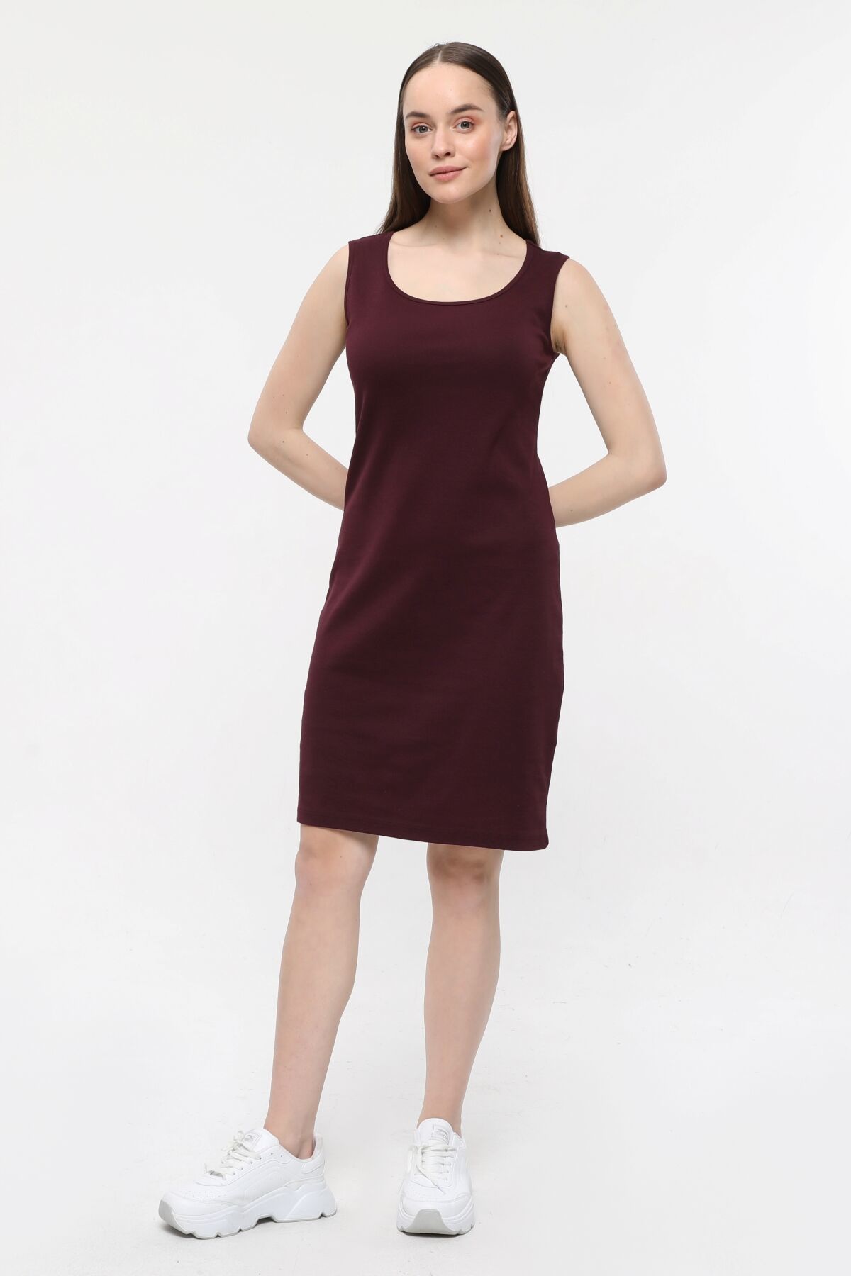 Kadın U Yaka Sıfır Kol Regular Fit Çizgili Elbise - Bordo