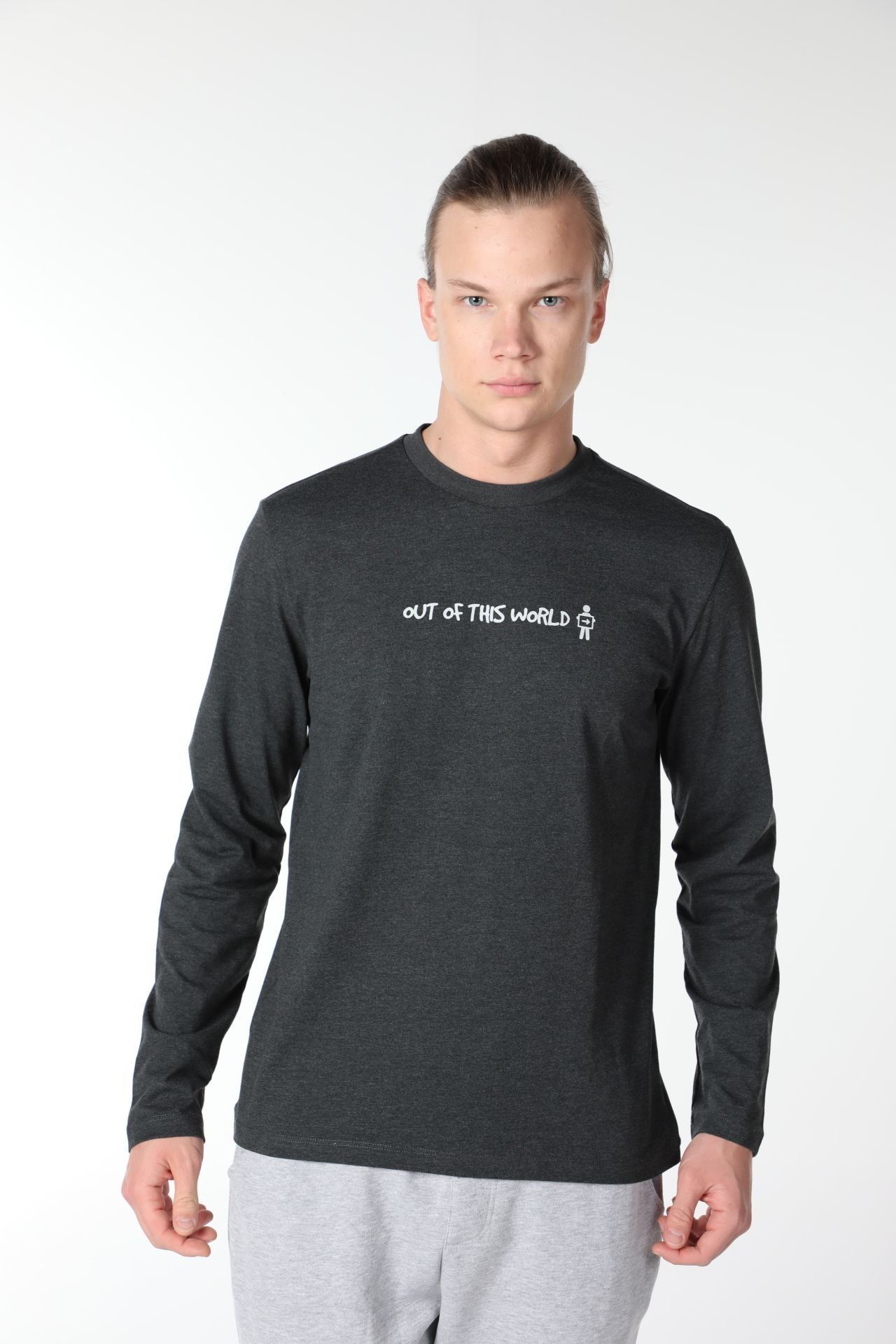 Erkek Bisiklet Yaka Uzun Kollu Regular Fit Baskılı Tişört - Antrasit