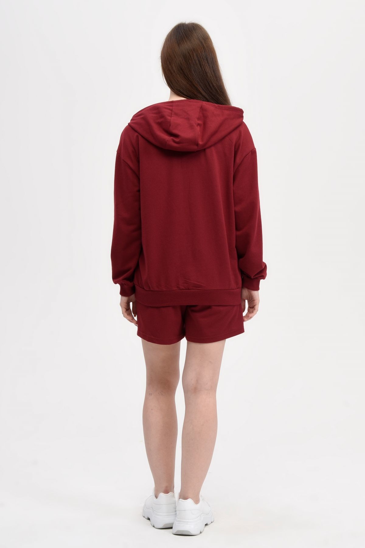 Kadın Kapüşonlu Fermuarlı Oversıze Sweatshırt - Bordo