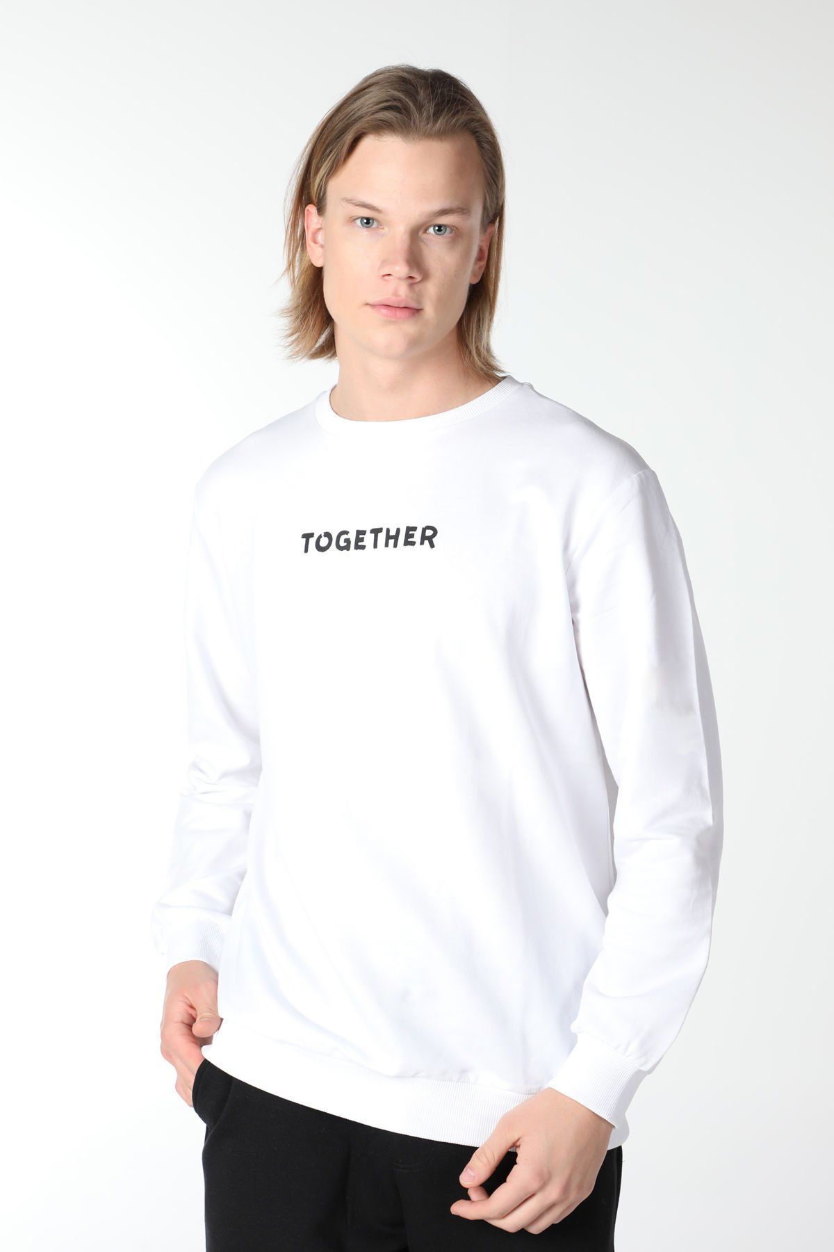 Erkek Bisiklet Yaka Regular Fit Baskılı Sweatshirt Beyaz - Beyaz