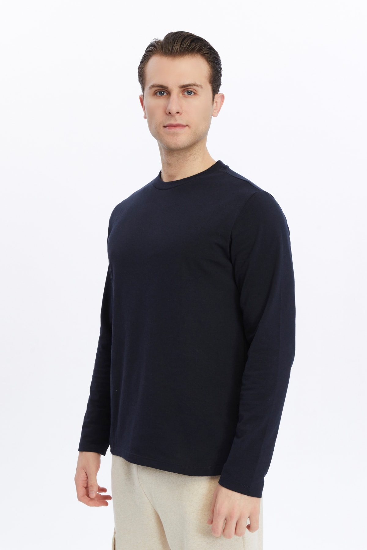 Erkek Bisiklet Yaka Uzun Kollu Regular Fit Basic Tişört - Lacivert