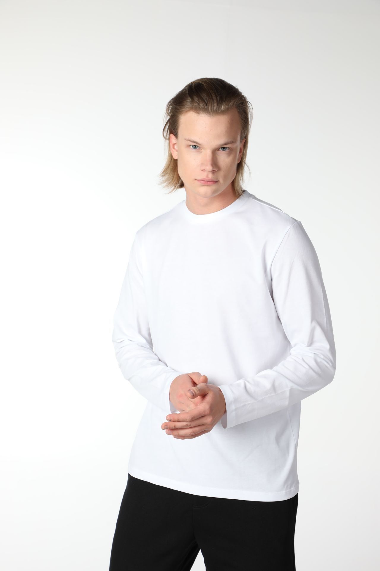 Erkek Bisiklet Yaka Uzun Kollu Regular Fit Basic Tişört - Beyaz