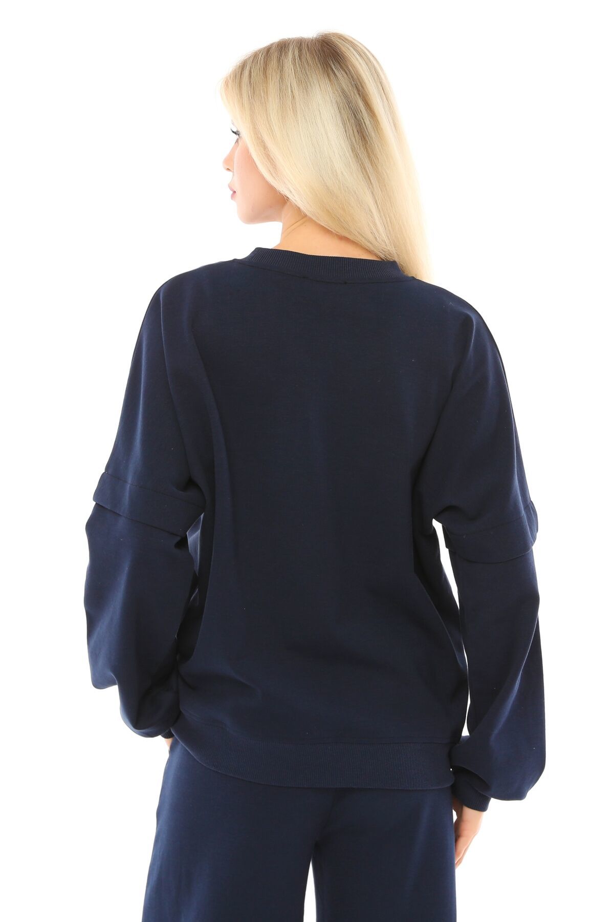 Kadın Bisiklet Yaka Kol Detaylı Oversize Fit Basic Sweatshirt - Lacivert