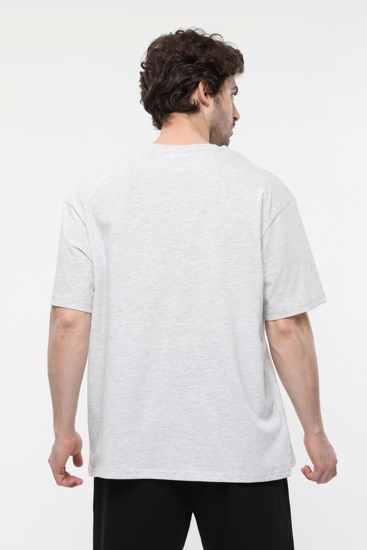 Erkek Bisiklet Yaka Kısa Kollu Oversize Fit Baskılı Tişört - Rio - Kar Melanj