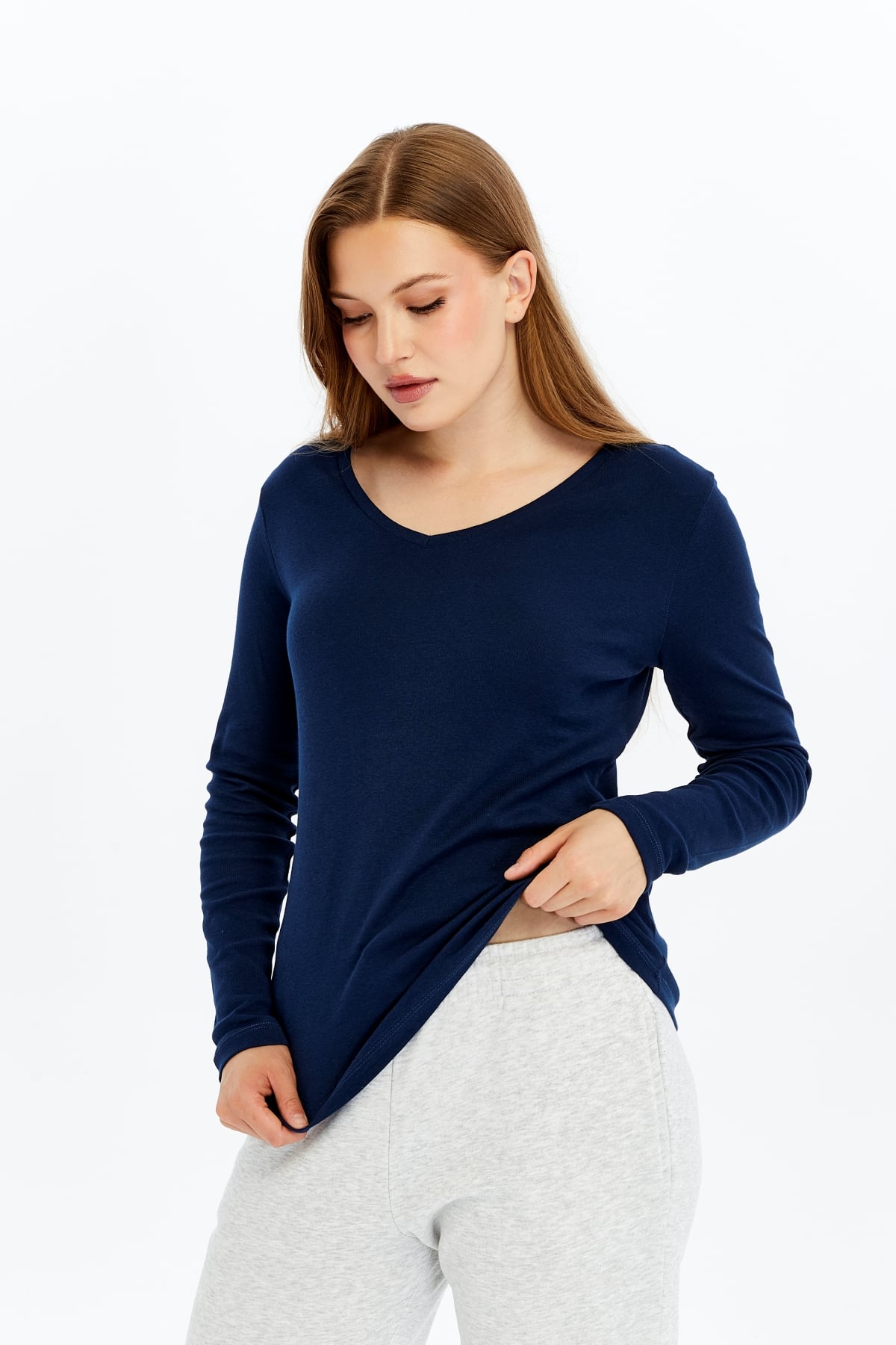 Kadın V Yaka Uzun Kollu Regular Fit Basic Tişört - LACİVERT