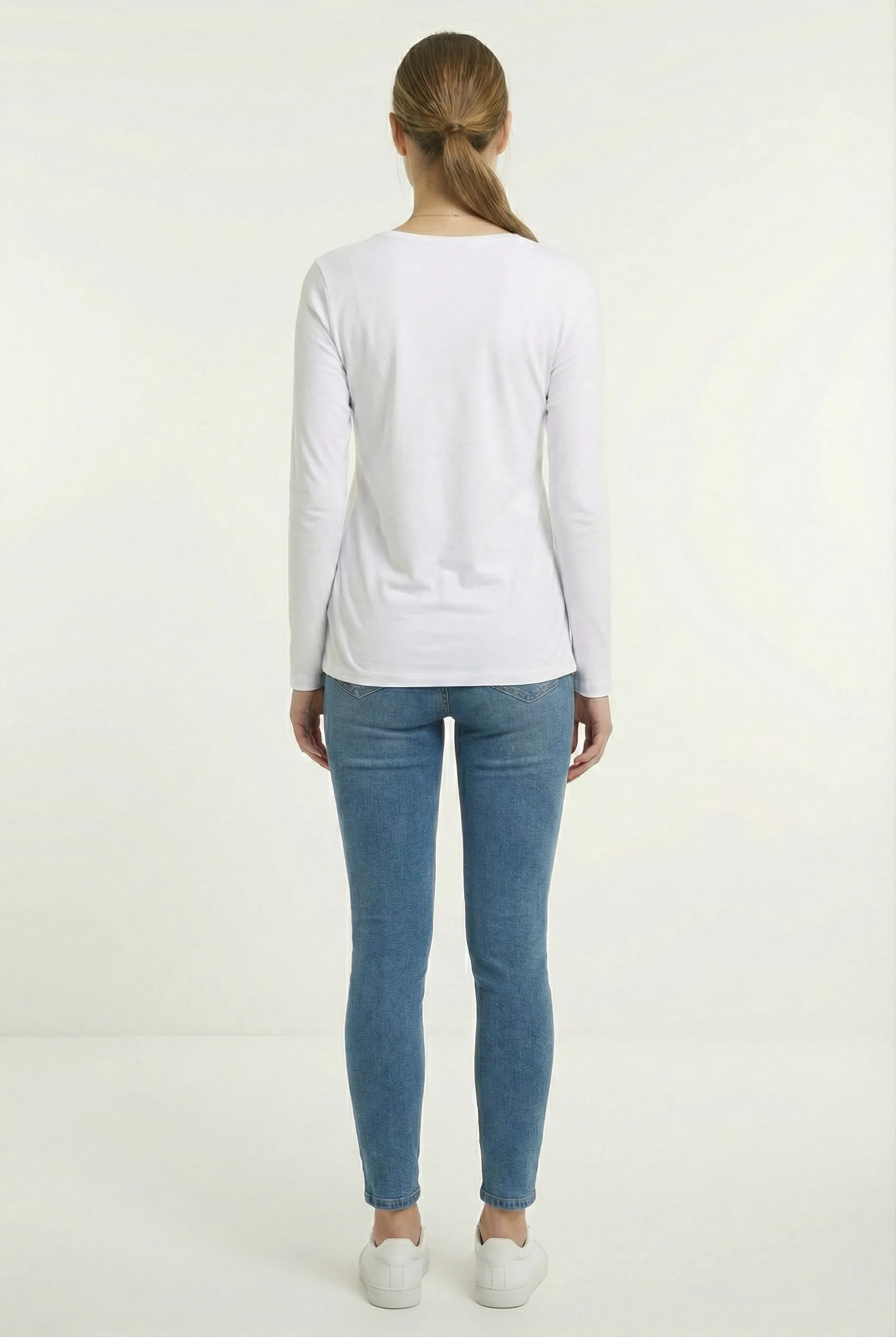 Kadın Bisiklet Yaka Uzun Kollu Regular Fit Basic Tişört - Beyaz