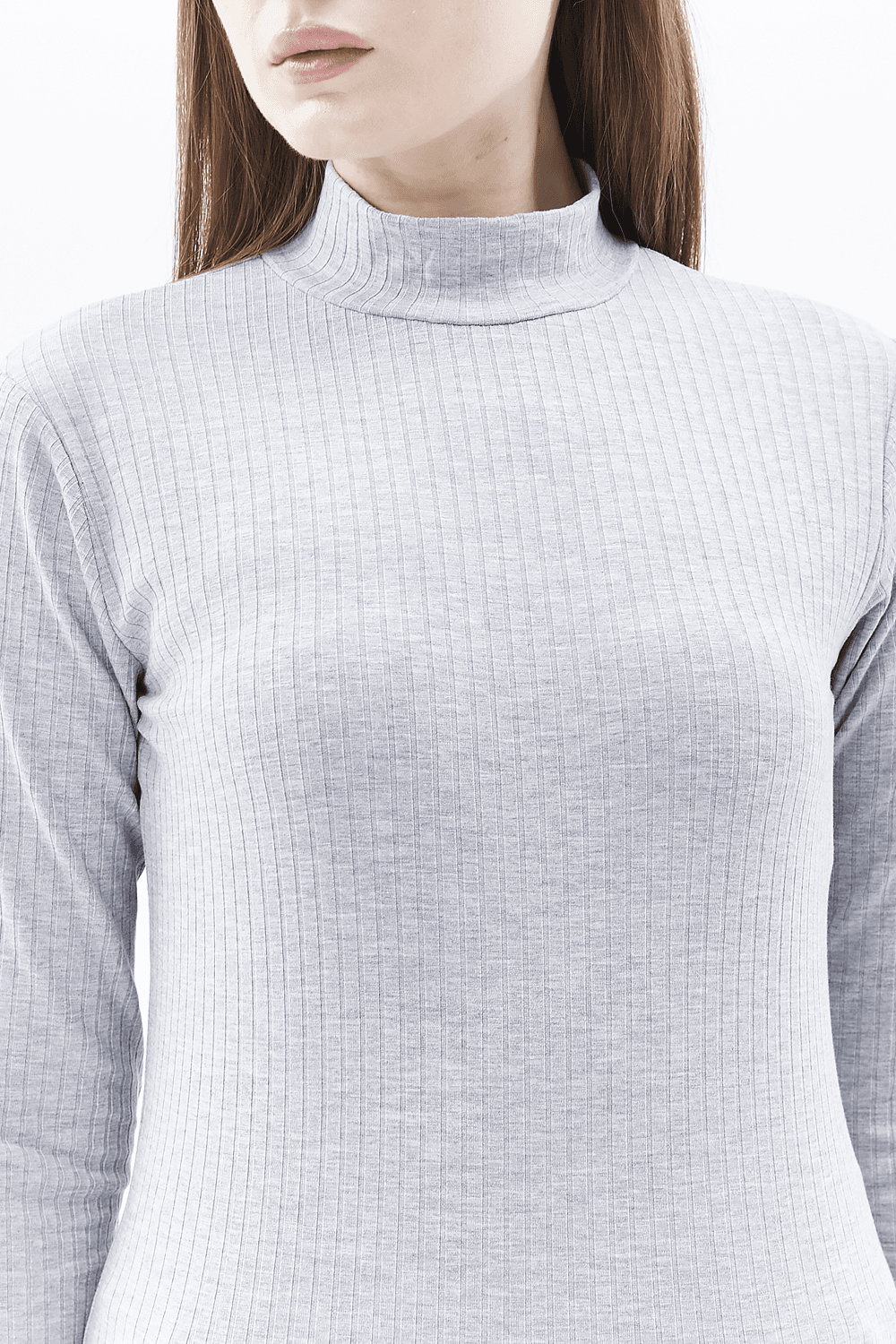 Kadın Dik Yaka Uzun Kollu Regular Fit Fitilli Tişört - GRİ MELANJ
