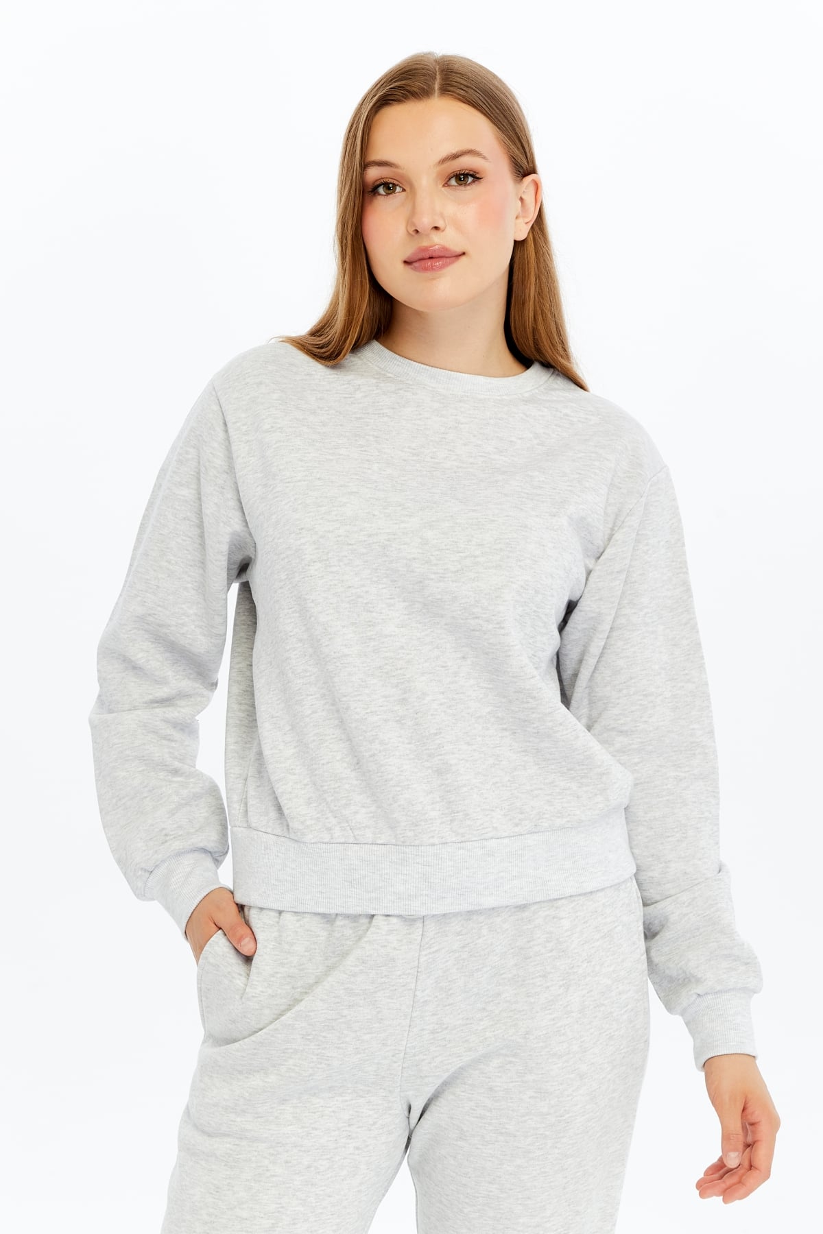 Kadın Bisiklet Yaka Regular Fit Basic Sweatshirt - Gri Melanj