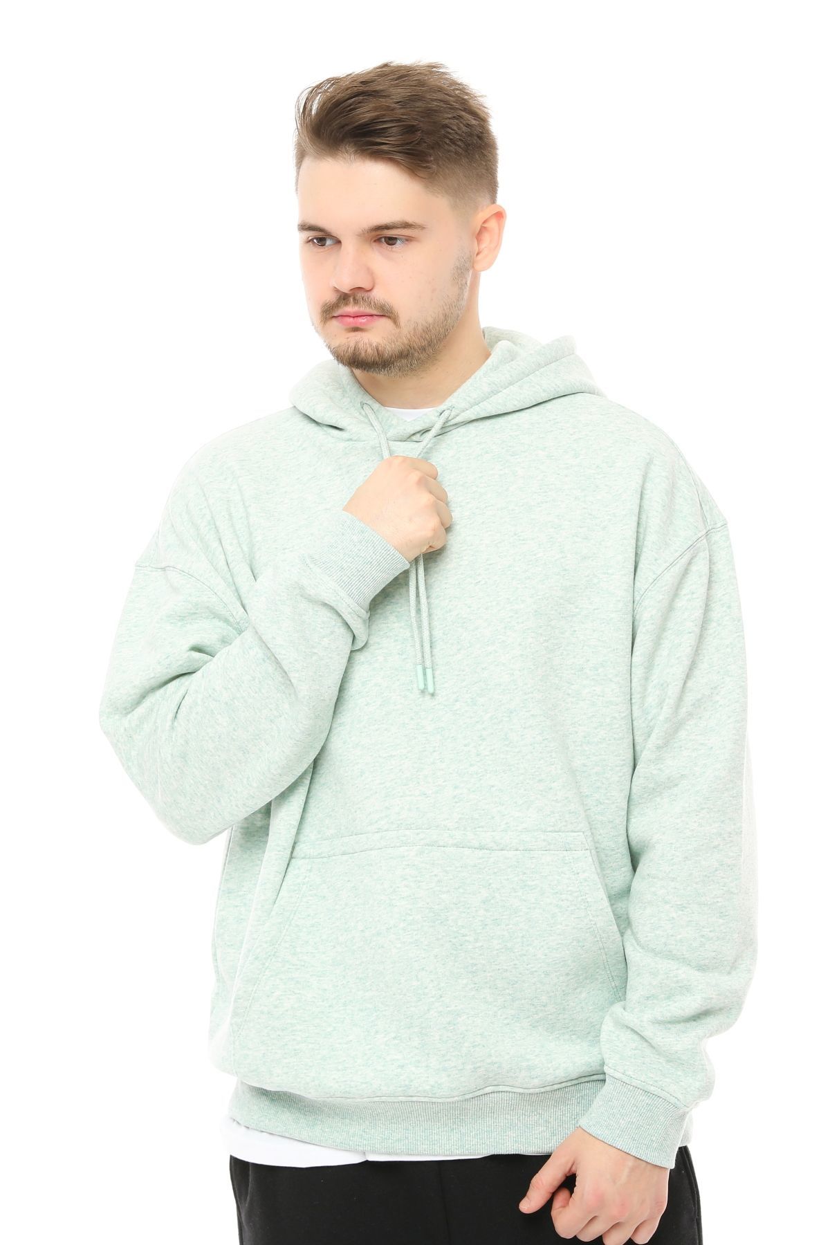 Erkek Kapüşonlu Şardonlu Oversize Basic Sweatshirt - Yeşil Melanj
