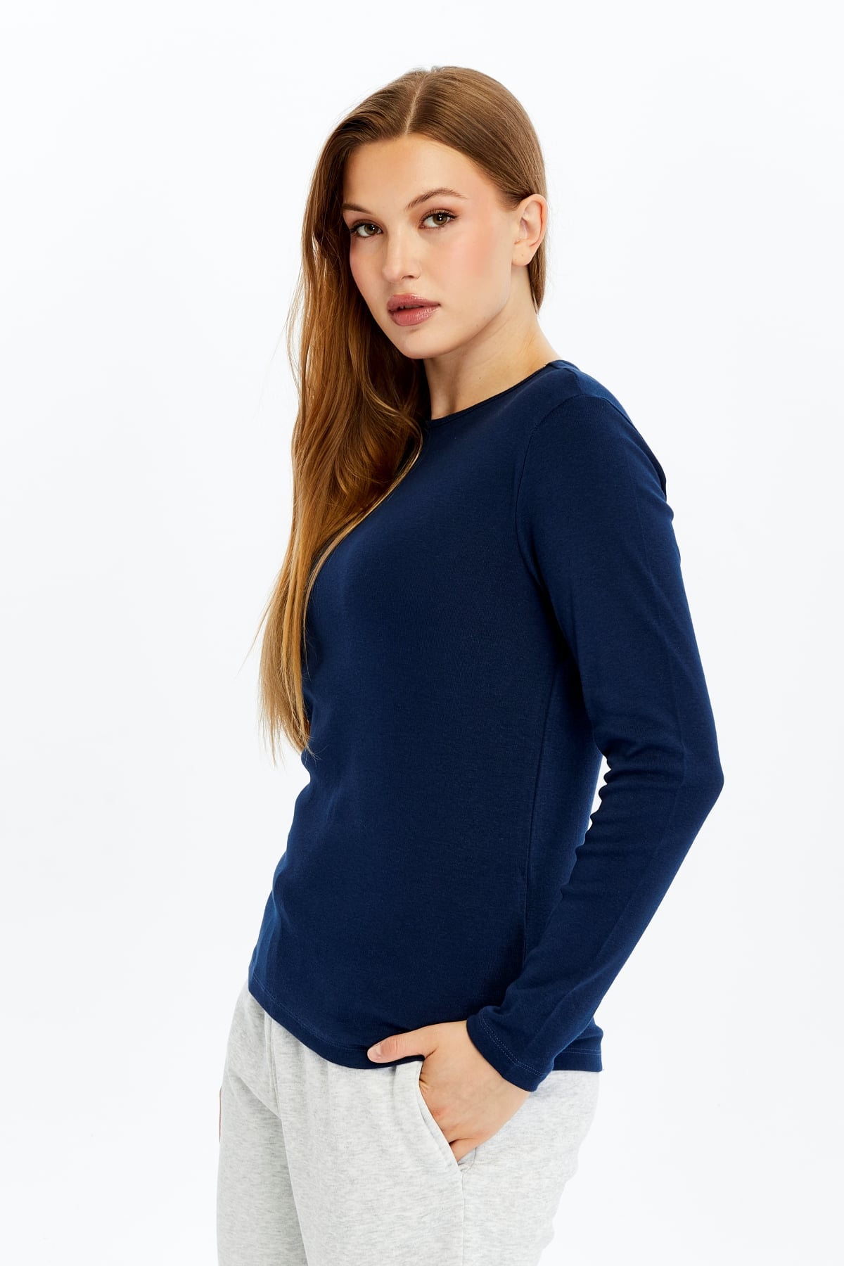 Kadın Bisiklet Yaka Uzun Kollu Regular Fit Basic Tişört - LACİVERT