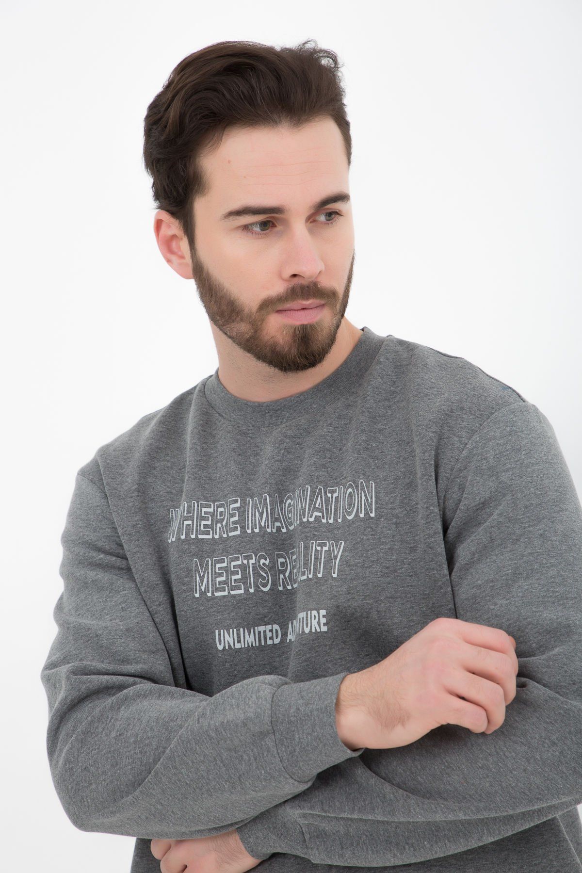 Erkek Bisiklet Yaka Regular Fit Baskılı Sweatshirt - Antrasit