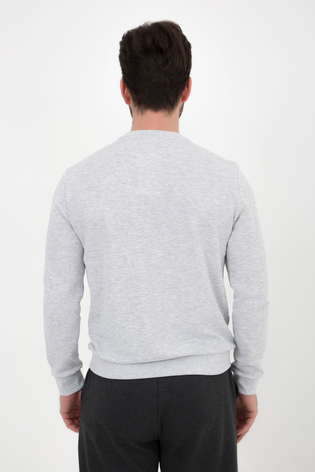 Erkek Bisiklet Yaka Dokulu Regular Fit Basic Sweatshirt - Kar Melanj